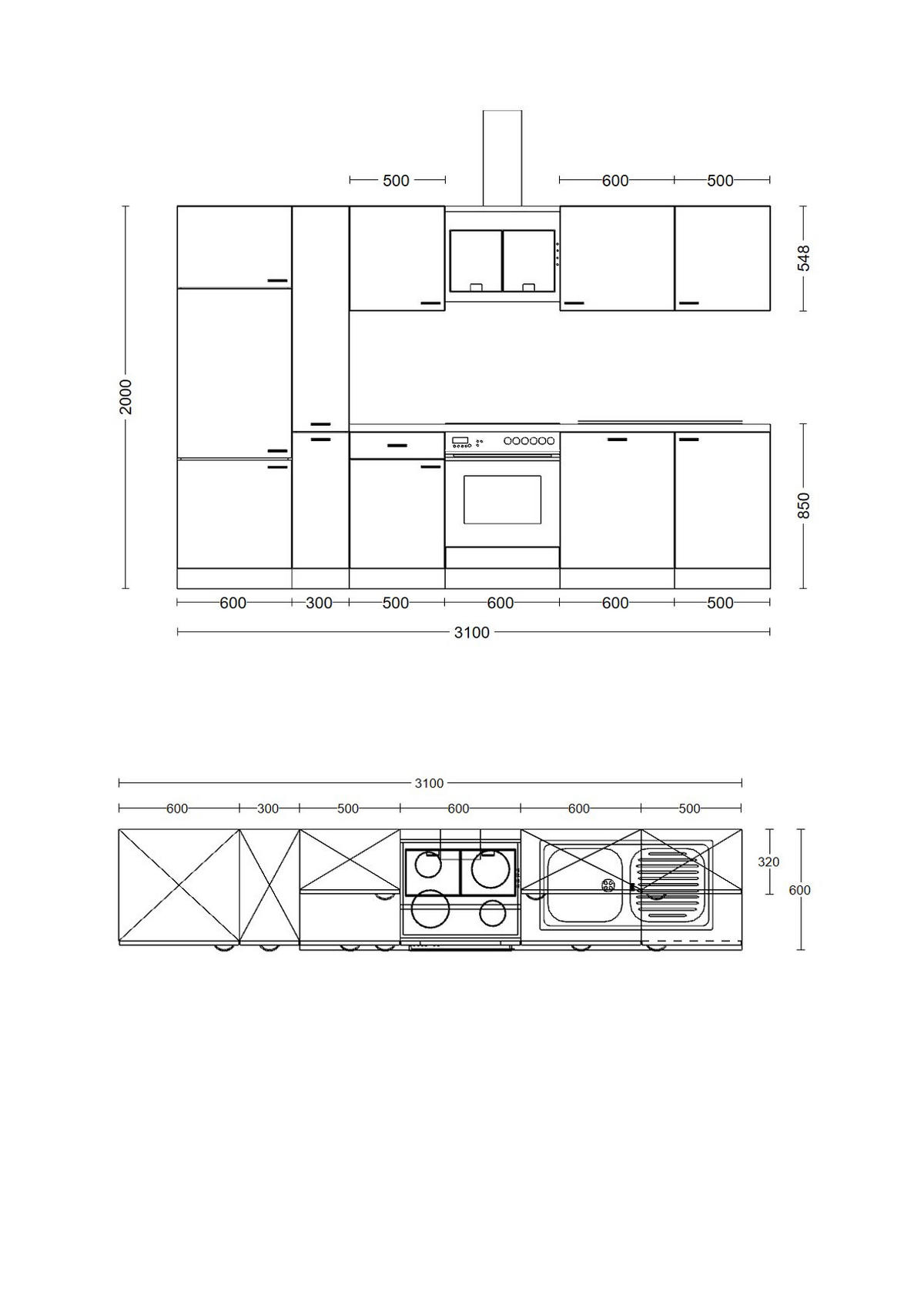 KÜCHENBLOCK 310 cm   in Weiß  - Graubraun/Alufarben, KONVENTIONELL, Holzwerkstoff/Kunststoff (310cm) - FlexWell