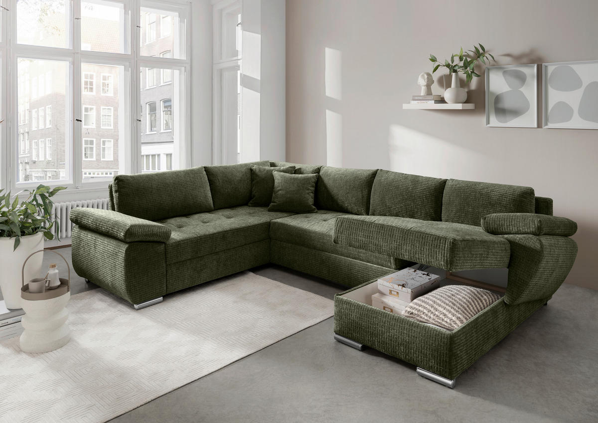 Wohnlandschaft in Mikrofaser Olivgrün  - Chromfarben/Olivgrün, KONVENTIONELL, Textil (219/305/157cm) - Livetastic