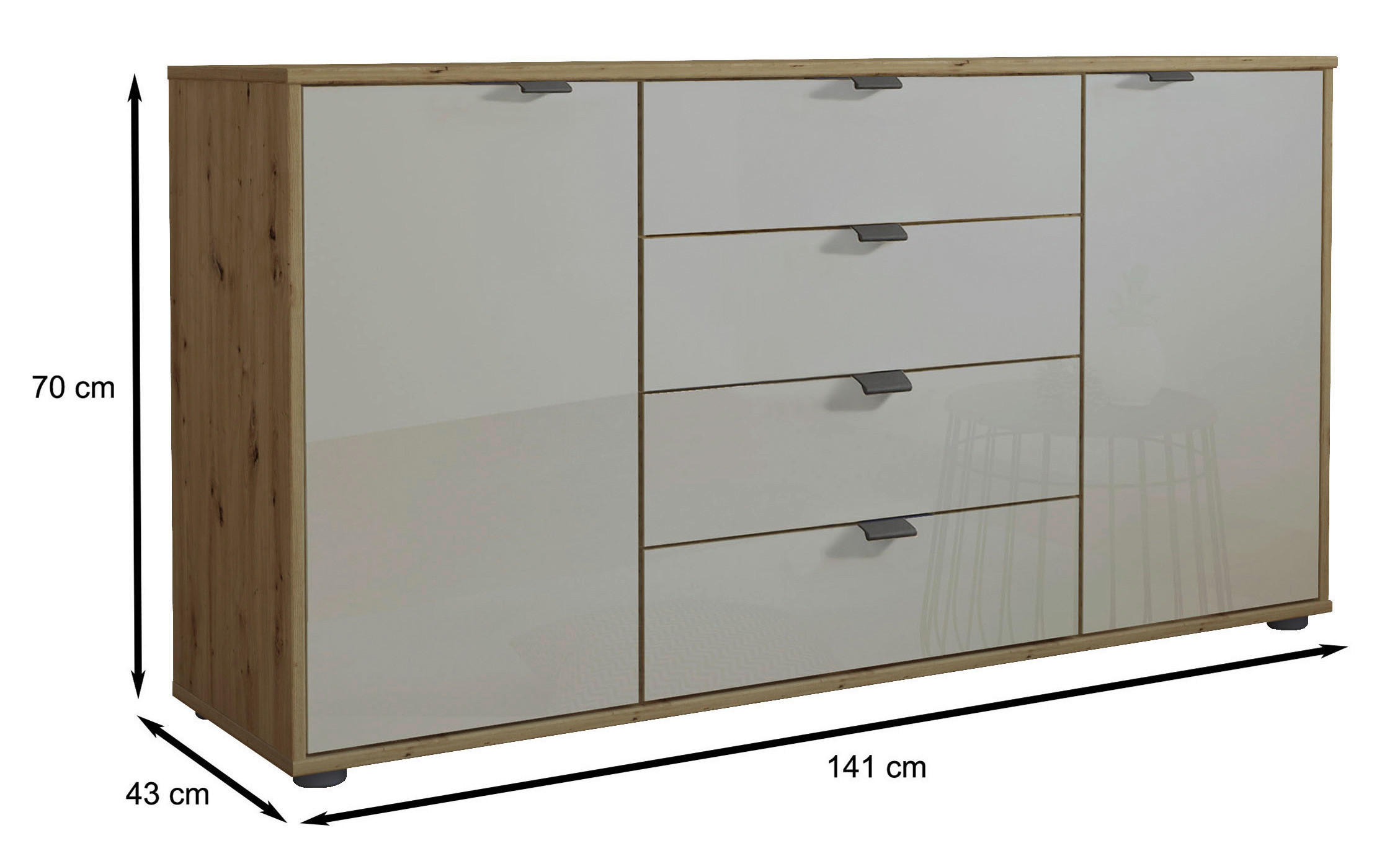 Thumbnail - Dieter Knoll Sideboard, Champagner, Eiche Bianco, Holzwerkstoff, 2 Fächer, 4 Schublade(n) Schubladen, 140x70x43 cm, ISO ...