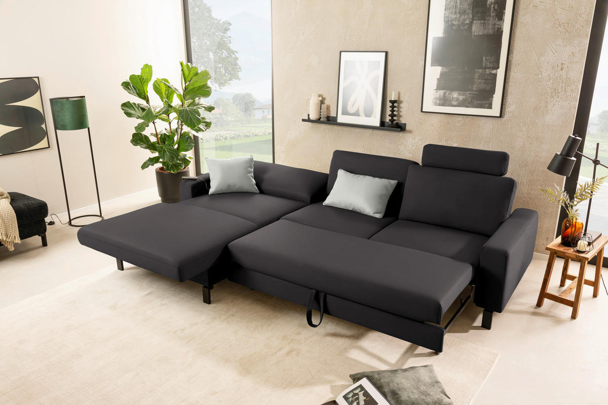 ECKSOFA  in Cord Dunkelbraun Rücken echt, Sitztiefenverstellung  185/298 cm  - Dunkelbraun/Schwarz, Design, Textil/Metall (185/298cm) - Pure Home Lifestyle