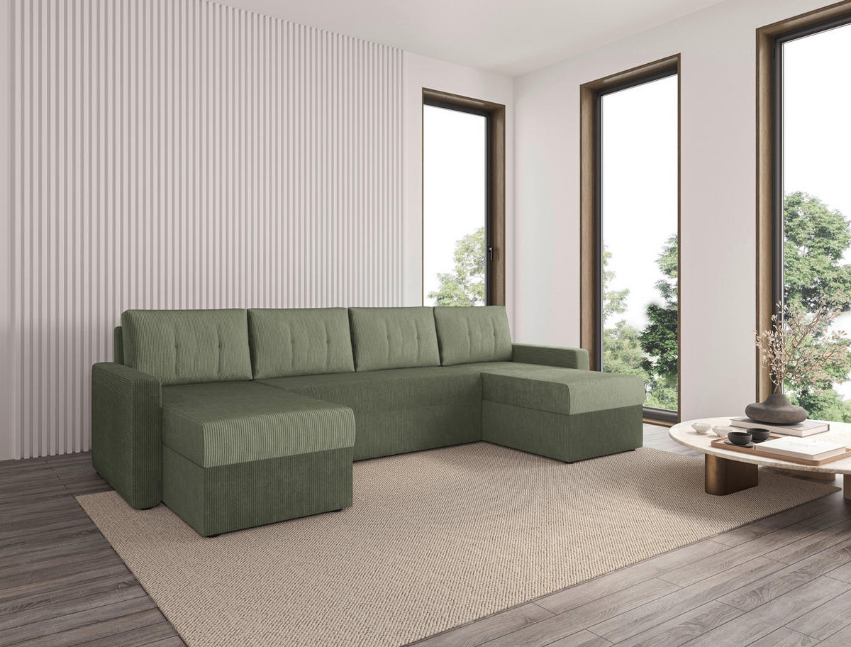 WOHNLANDSCHAFT Salbeigrün Cord  - Salbeigrün/Schwarz, KONVENTIONELL, Kunststoff/Textil (152/290/152cm) - Ti'me