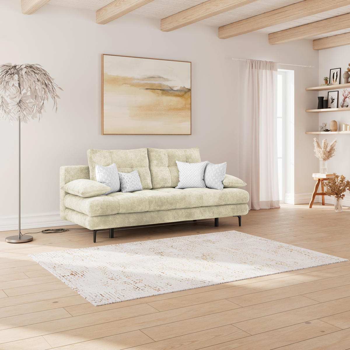 SCHLAFSOFA Chenille Creme  - Creme/Schwarz, Konventionell, Textil/Metall (203/94/96cm) - MID.YOU