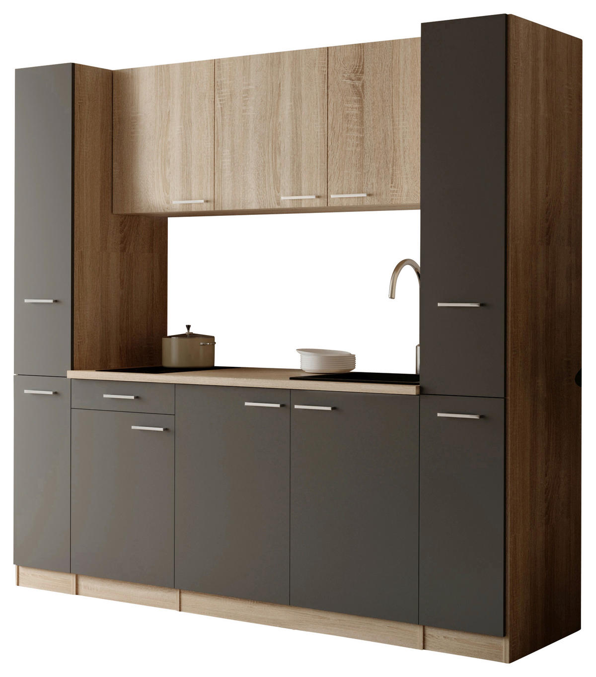 KÜCHENBLOCK Ingrid 210 cm  in Grau  - Eichefarben/Alufarben, Design, Holzwerkstoff/Kunststoff (210cm) - Respekta