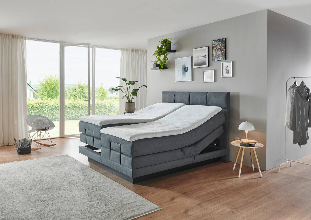 BOXSPRINGBETT 180/200 cm,  in Grau, Matratze, gepolstertes Kopfteil, Topper, motorische Verstellbarkeit, H3 + H4 = fest + sehr fest  - Schwarz/Grau, MODERN, Holzwerkstoff/Kunststoff (180/200cm) - Beldomo - Sleep