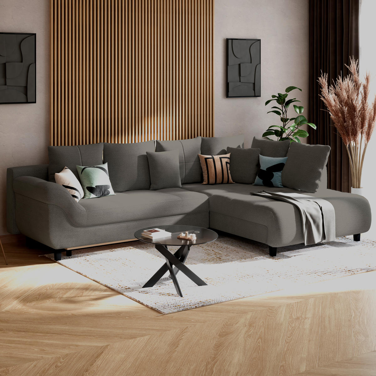 ECKSOFA MENDOZA NEW Anthrazit Chenille, Struktur Zierkissen, Rückenkissen, Bettkasten  - Anthrazit/Schwarz, KONVENTIONELL, Textil (309/197cm) - MID.YOU