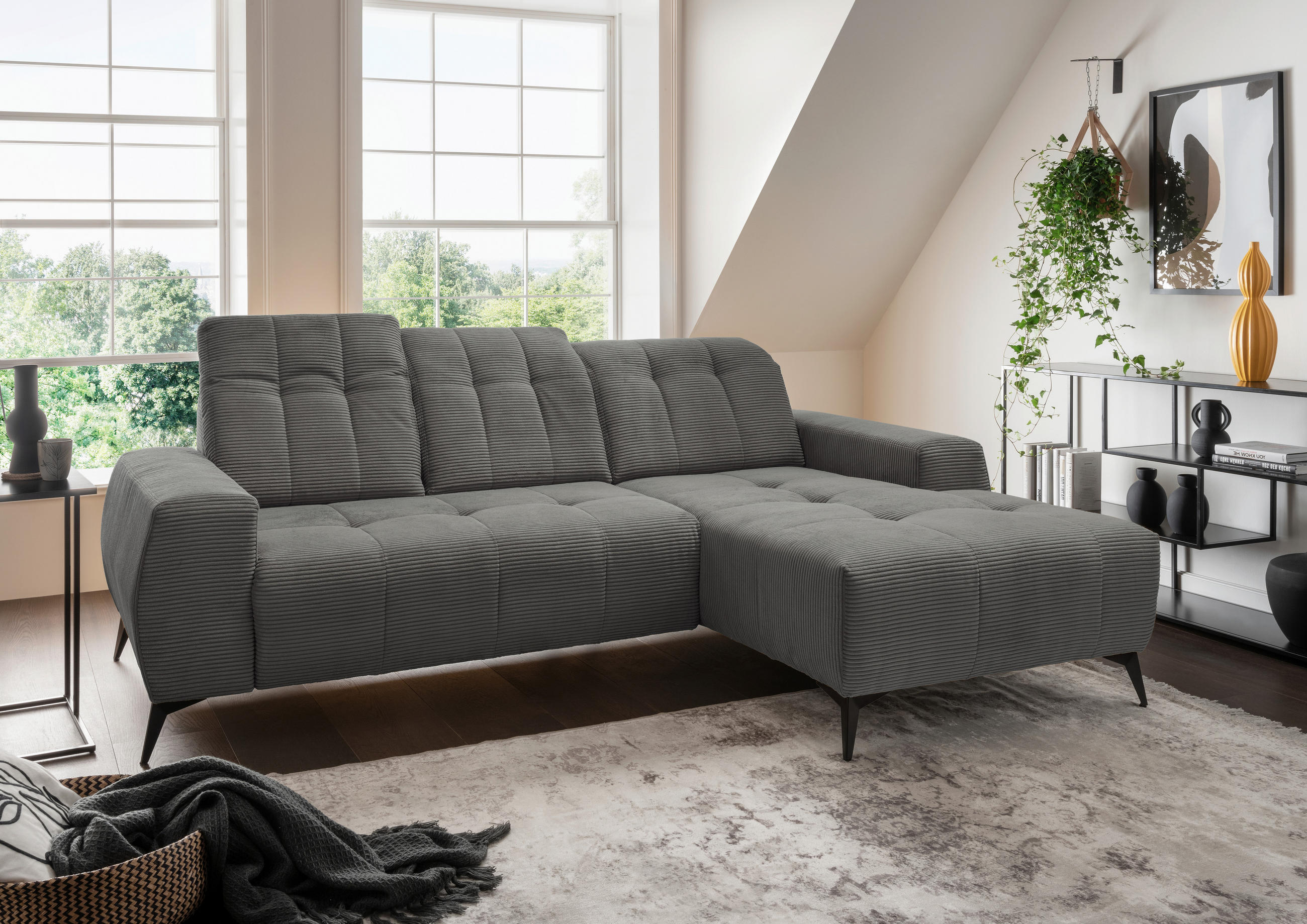 ECKSOFA Grau Cord - Schwarz/Grau, MODERN, Textil/Metall (258/180cm) - Livetastic