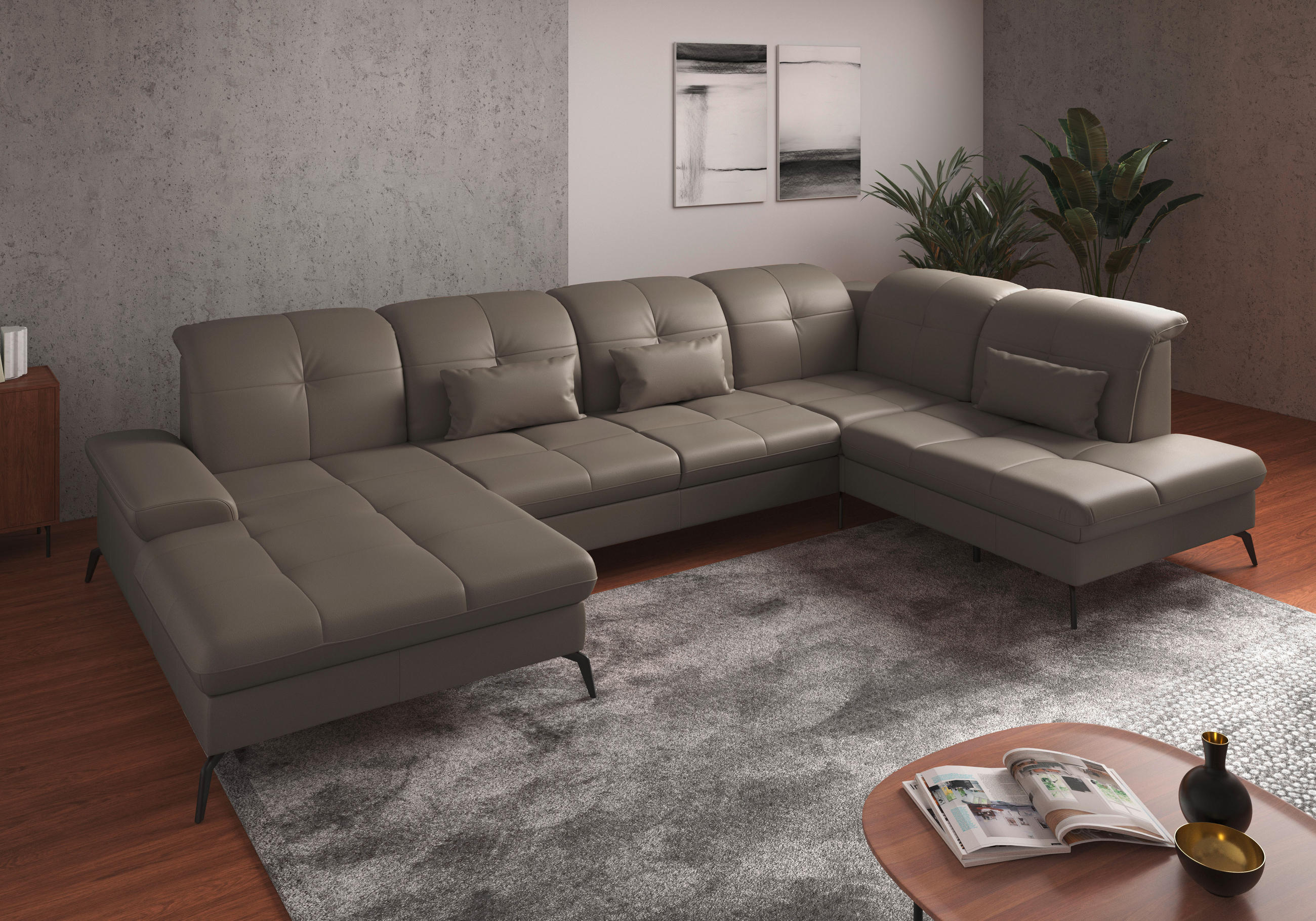 WOHNLANDSCHAFT in Echtleder Grau - Schwarz/Grau, Konventionell, Leder/Metall (185/357/231cm) - Sit & More