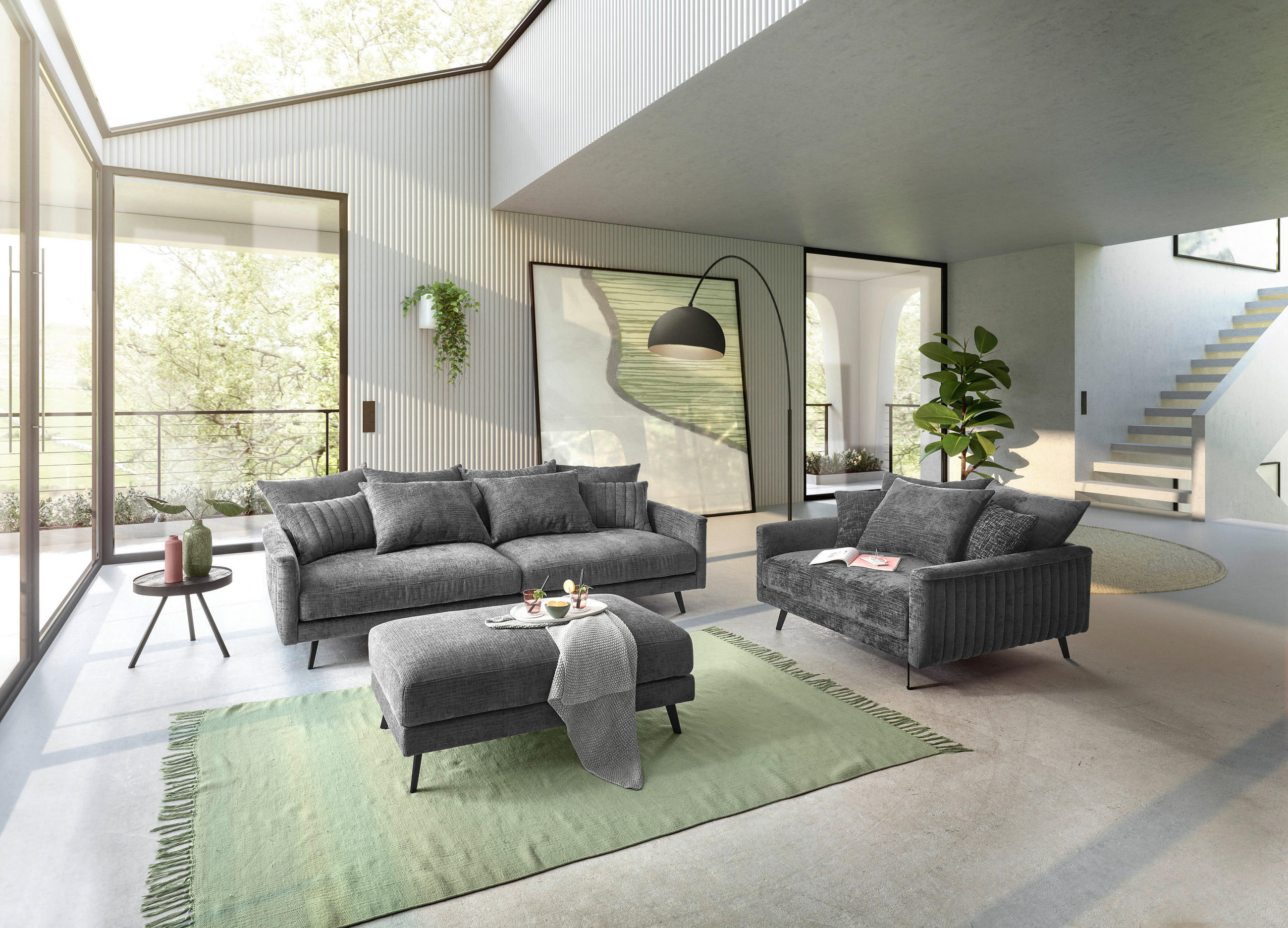 3-SITZER-SOFA in Mikrovelours Graphitfarben  - Schwarz/Graphitfarben, KONVENTIONELL, Textil/Metall (249/82/125cm) - MID.YOU