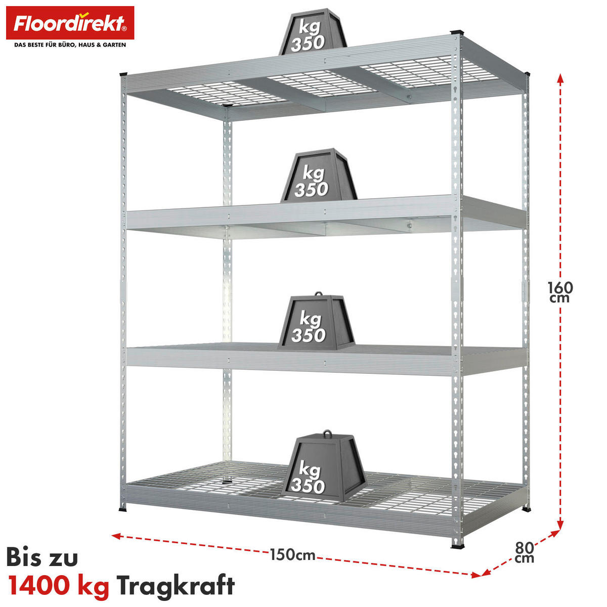 SCHWERLASTREGAL 150/160/80 cm  - Zinkfarben, Basics, Metall (150/160/80cm) - Floordirekt
