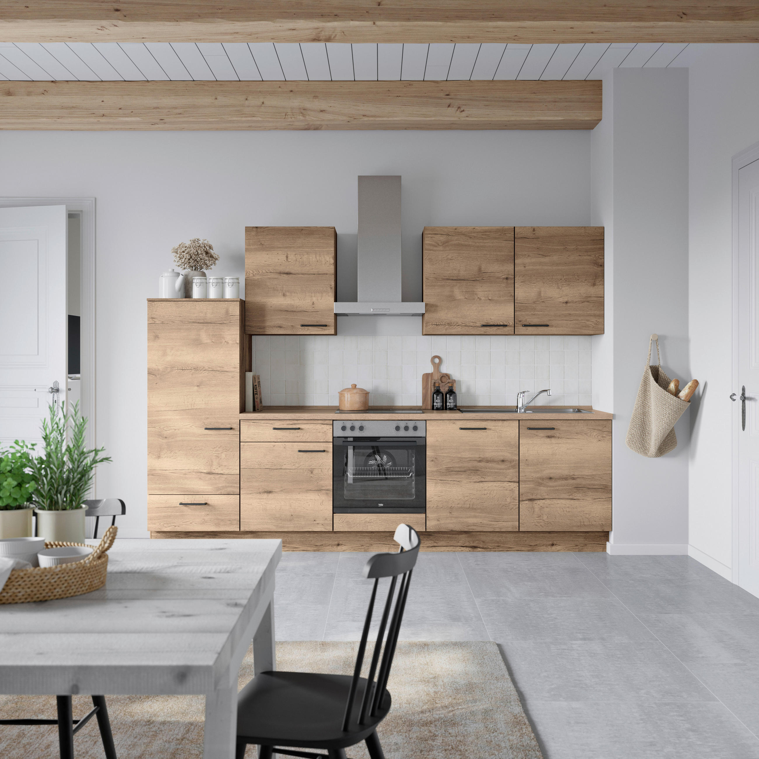 KÜCHENBLOCK 300 cm   in Eiche dunkel  - Eiche dunkel/Eichefarben, MODERN, Holzwerkstoff/Metall (300cm) - Nobilia