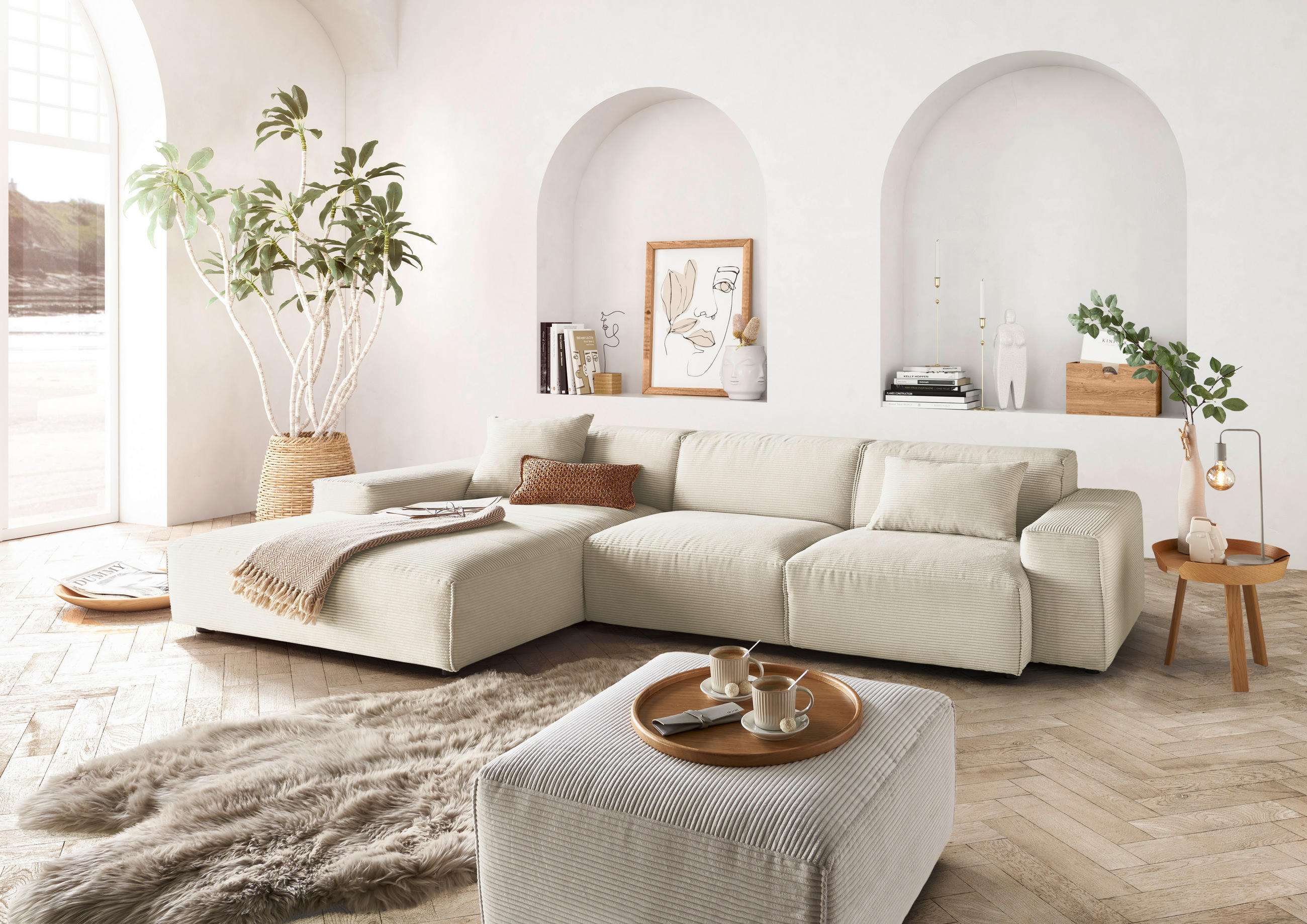 ECKSOFA 9125 Naturfarben Cord  - Schwarz/Naturfarben, Design, Kunststoff/Textil (189/300cm) - Pure Home Lifestyle