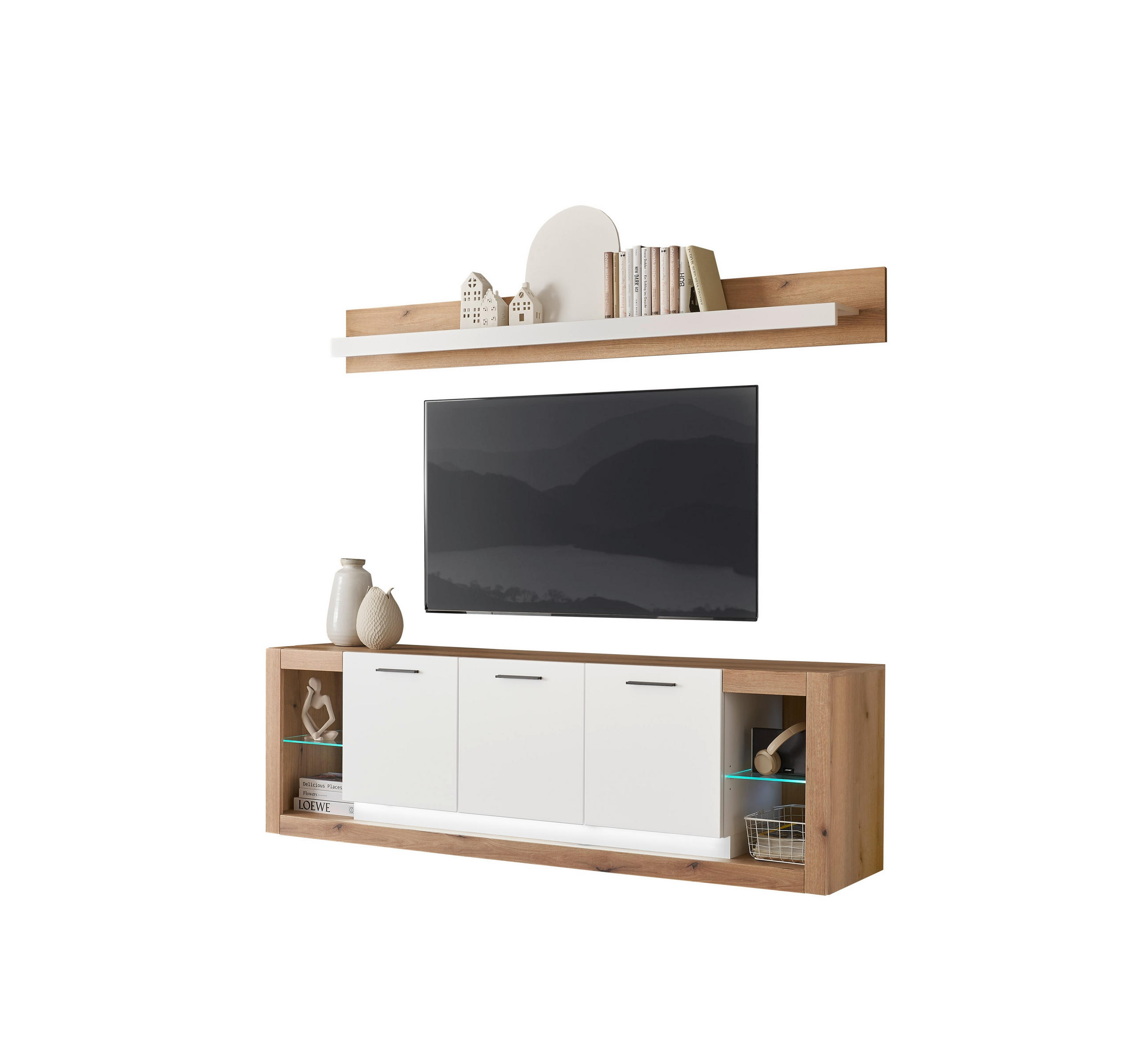 WOHNWAND 2-teilig  in Weiß, Eichefarben  198/170/43 cm  - Eichefarben/Schwarz, Design, Glas/Holzwerkstoff (198/170/43cm) - MID.YOU