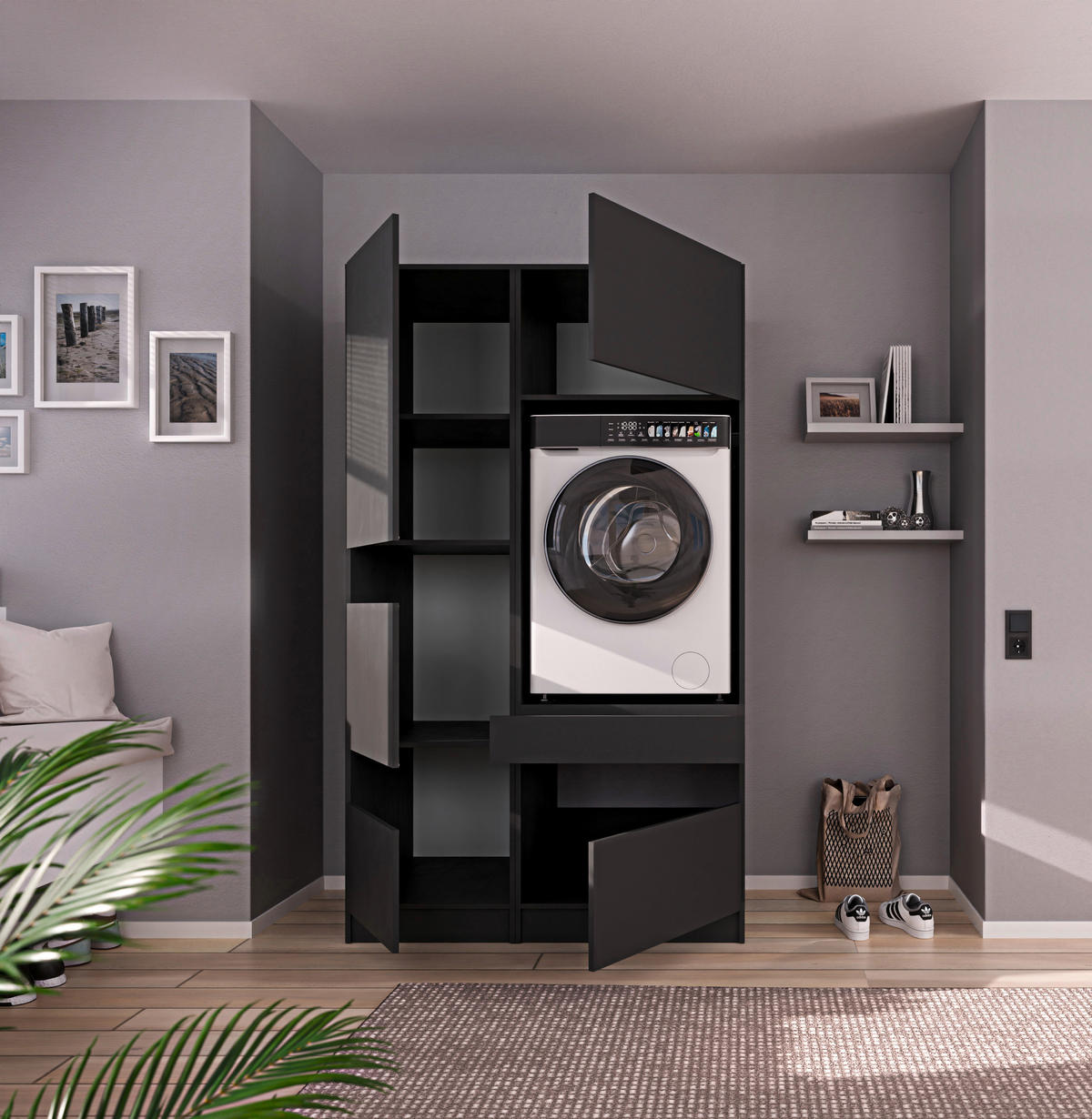 WASCHMASCHINENSCHRANK 68/200/68 cm  in Anthrazit  - Anthrazit/Schwarz, Design, Holzwerkstoff/Metall (68/200/68cm) - Milino