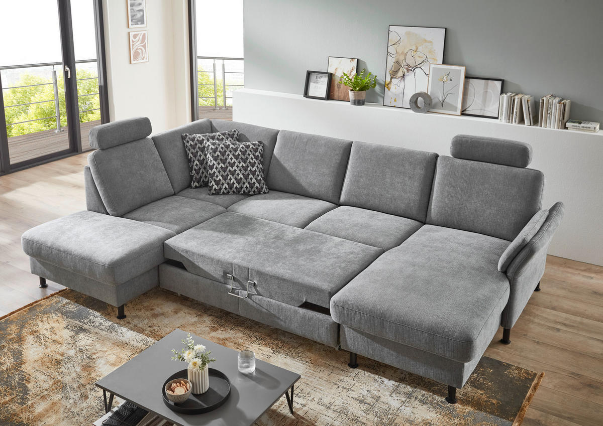WOHNLANDSCHAFT in Webstoff Blaugrau  - Blaugrau/Schwarz, Konventionell, Textil/Metall (200/305/168cm) - Voleo