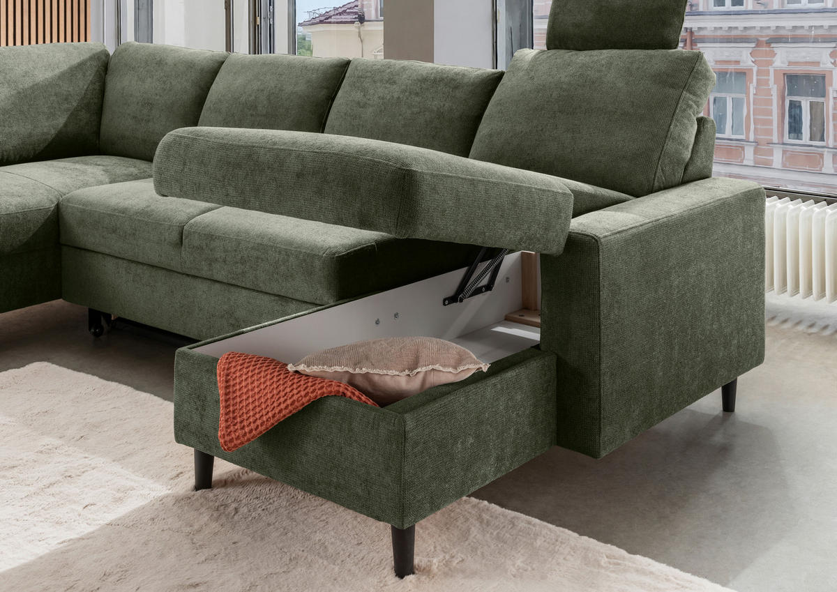 WOHNLANDSCHAFT in Chenille Dunkelgrün  - Dunkelgrün/Schwarz, Modern, Holz/Textil (200/305/153cm) - Livetastic