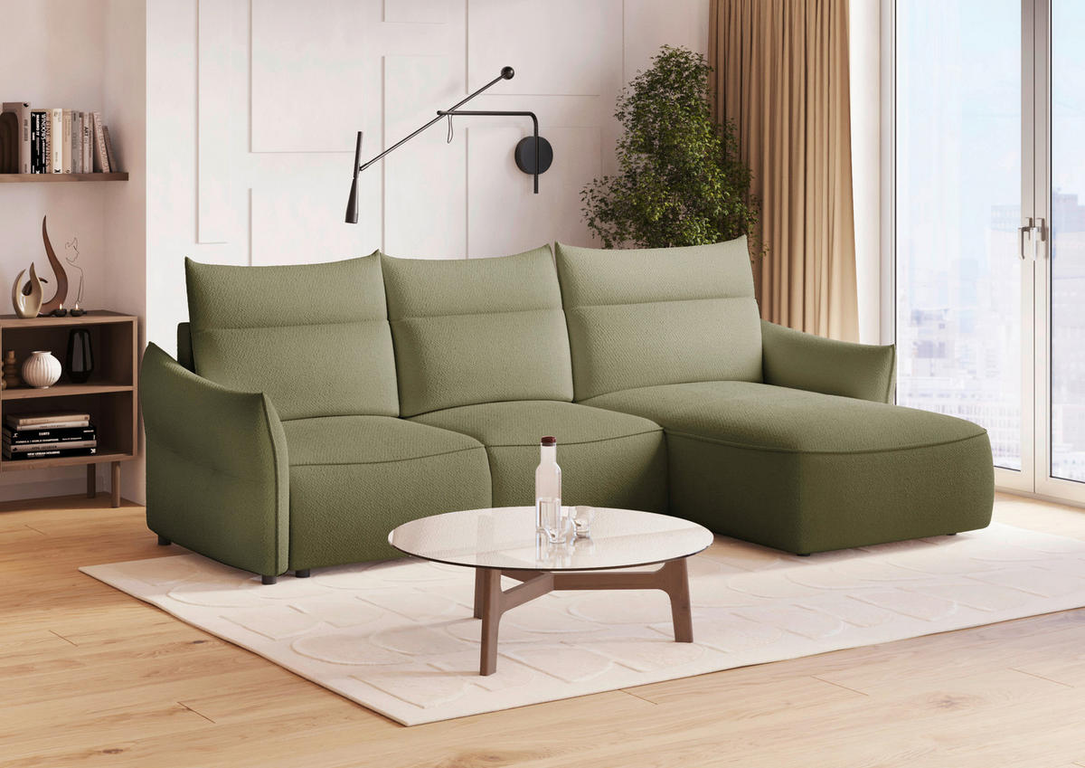 ECKSOFA Olivgrün Webstoff Rückenkissen, Bettkasten, Schlaffunktion, Rücken echt, Liegefläche im Originalstoff  - Schwarz/Olivgrün, KONVENTIONELL, Kunststoff/Textil (306/179cm) - Milino