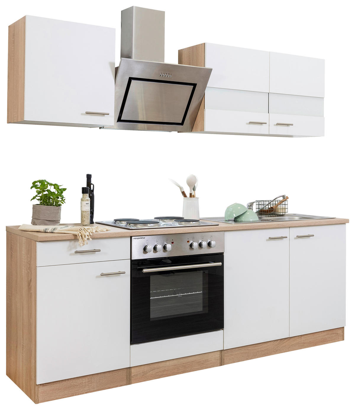 KÜCHENBLOCK 210 cm   in Weiß  - Edelstahlfarben/Eichefarben, Basics, Holzwerkstoff/Metall (210cm) - Respekta