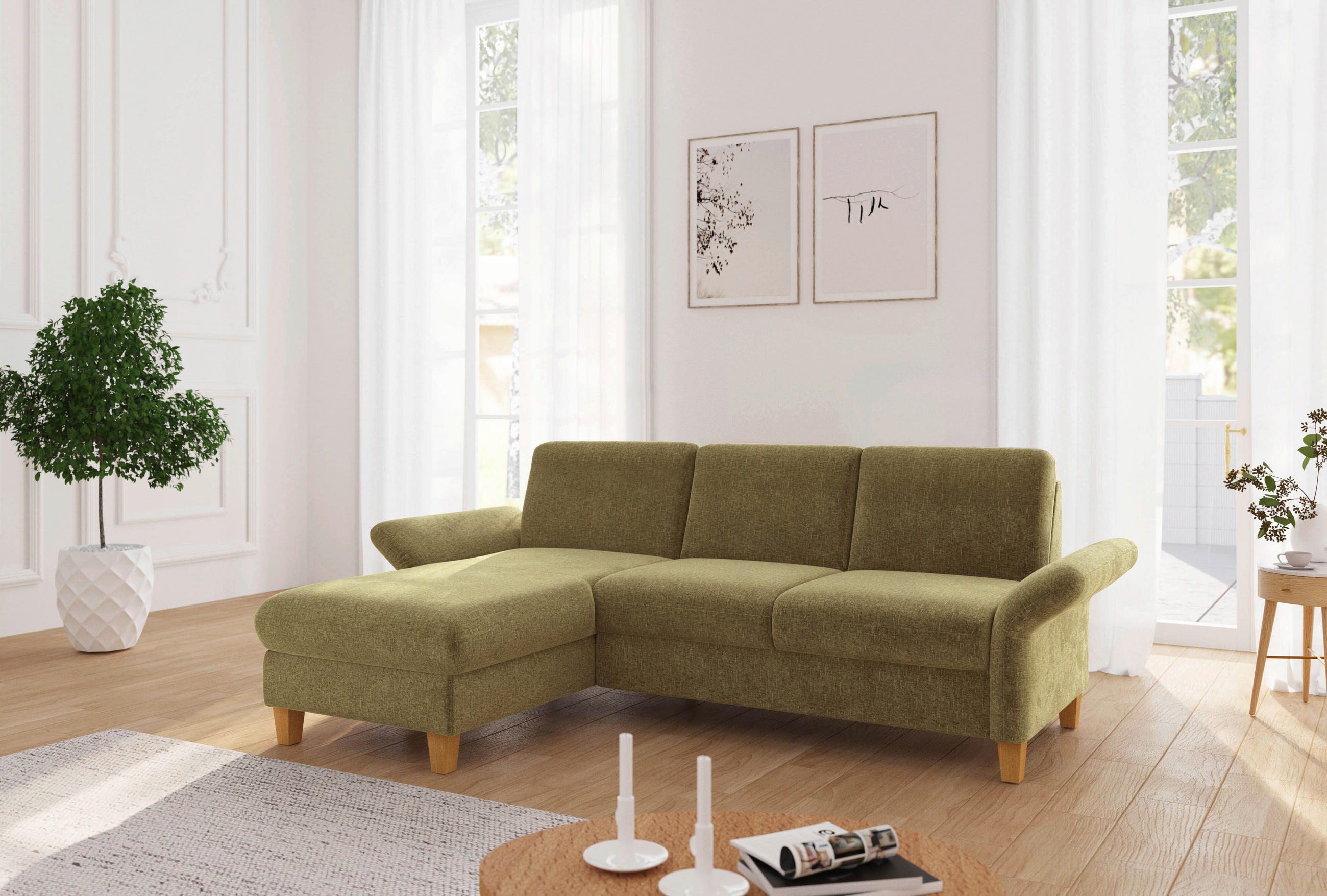 ECKSOFA ROCHELLE E Olivgrün Flachgewebe  - Eichefarben/Olivgrün, KONVENTIONELL, Holz/Textil (164/251cm) - Sit & More