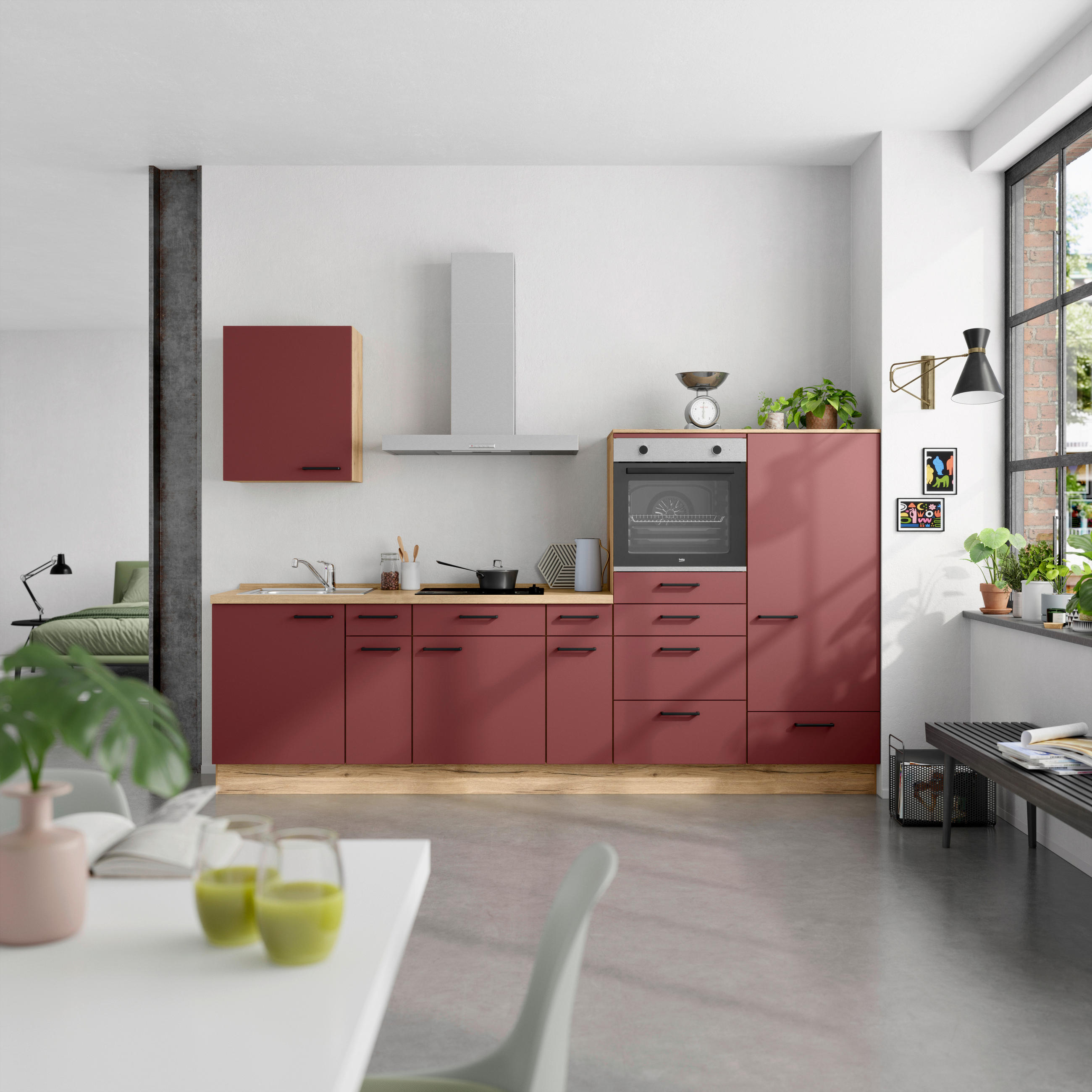 KÜCHENLEERBLOCK 300 cm in Rot, Eichefarben - Eichefarben/Rot, MODERN, Holzwerkstoff/Metall (300cm) - Nobilia