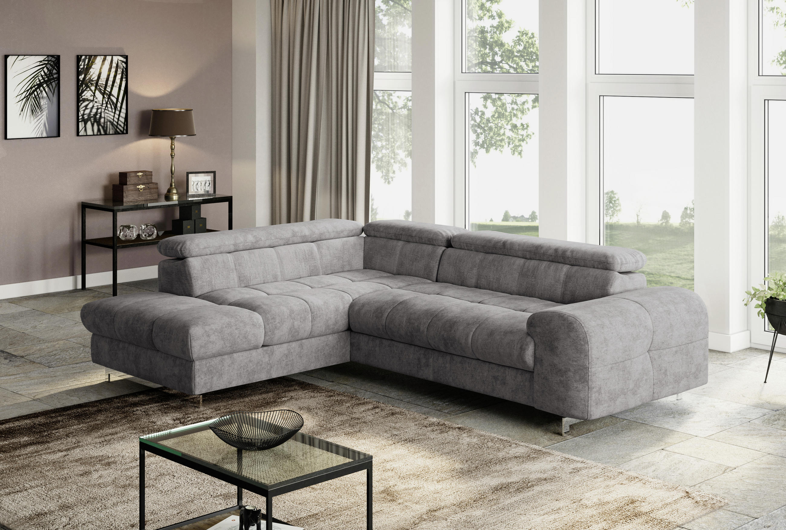 ECKSOFA in Mikrofaser Graubraun  - Chromfarben/Graubraun, Konventionell, Textil/Metall (206/257cm) - Livetastic