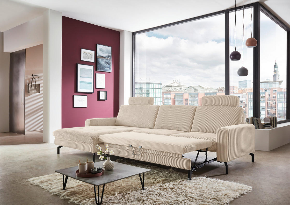 ECKSOFA in Cord Beige  - Beige/Schwarz, Design, Textil/Metall (178/302cm) - Beldomo Style