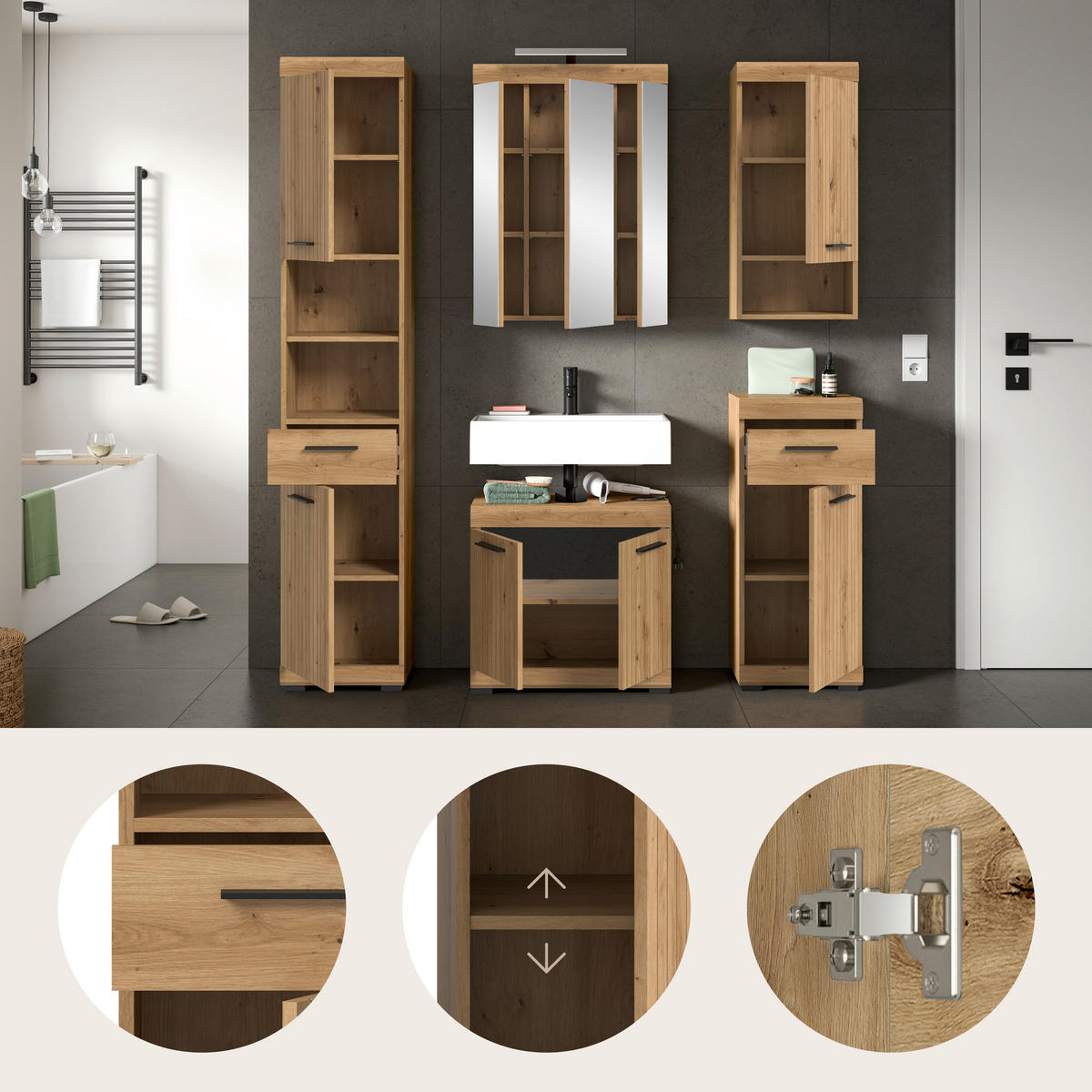 BADRUM 134 cm  - svart/ek Artisan, Trend, trämaterial/glas (134cm) - MID.YOU