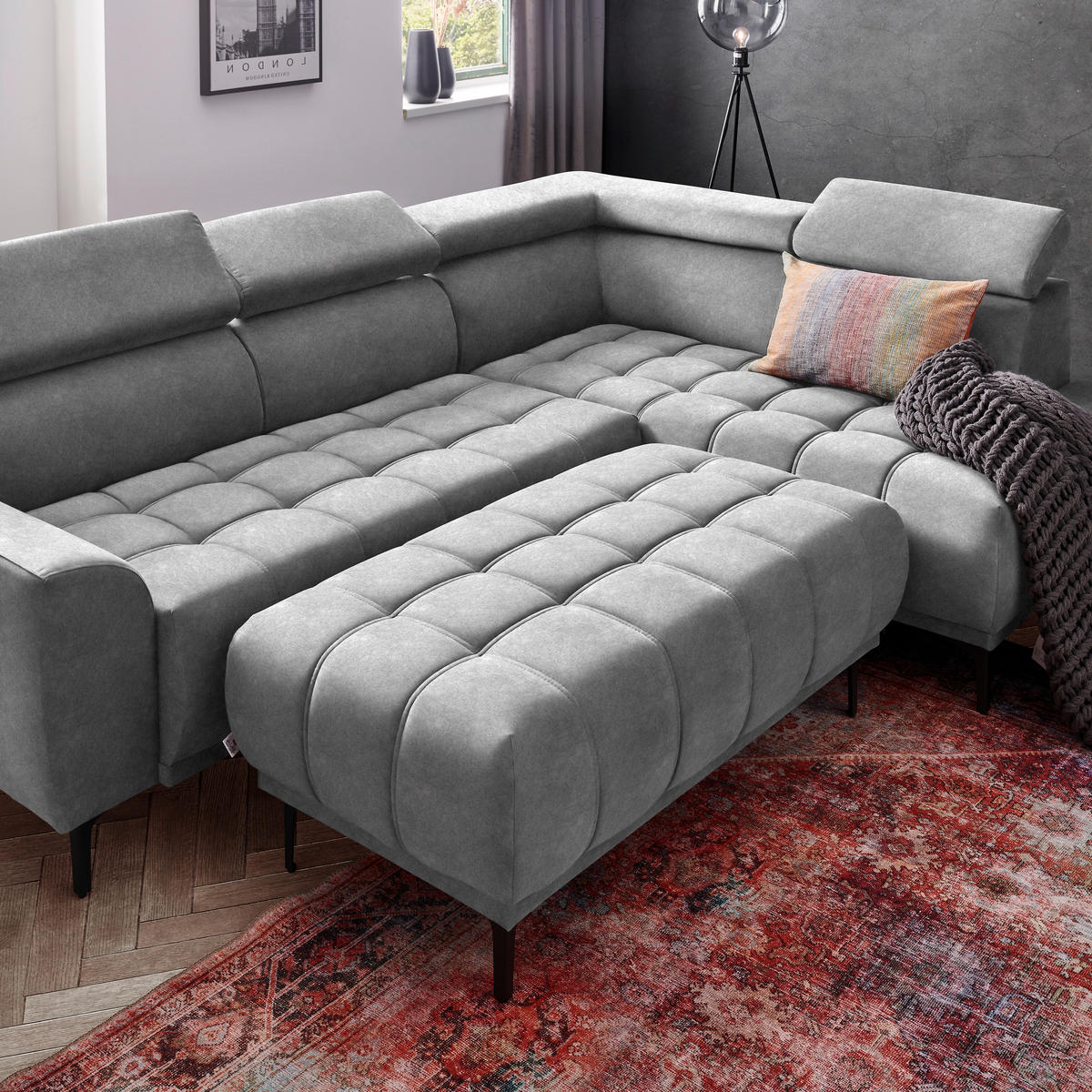 ECKSOFA Grau Velours  - Schwarz/Grau, Design, Textil/Metall (261/191cm) - Stylife