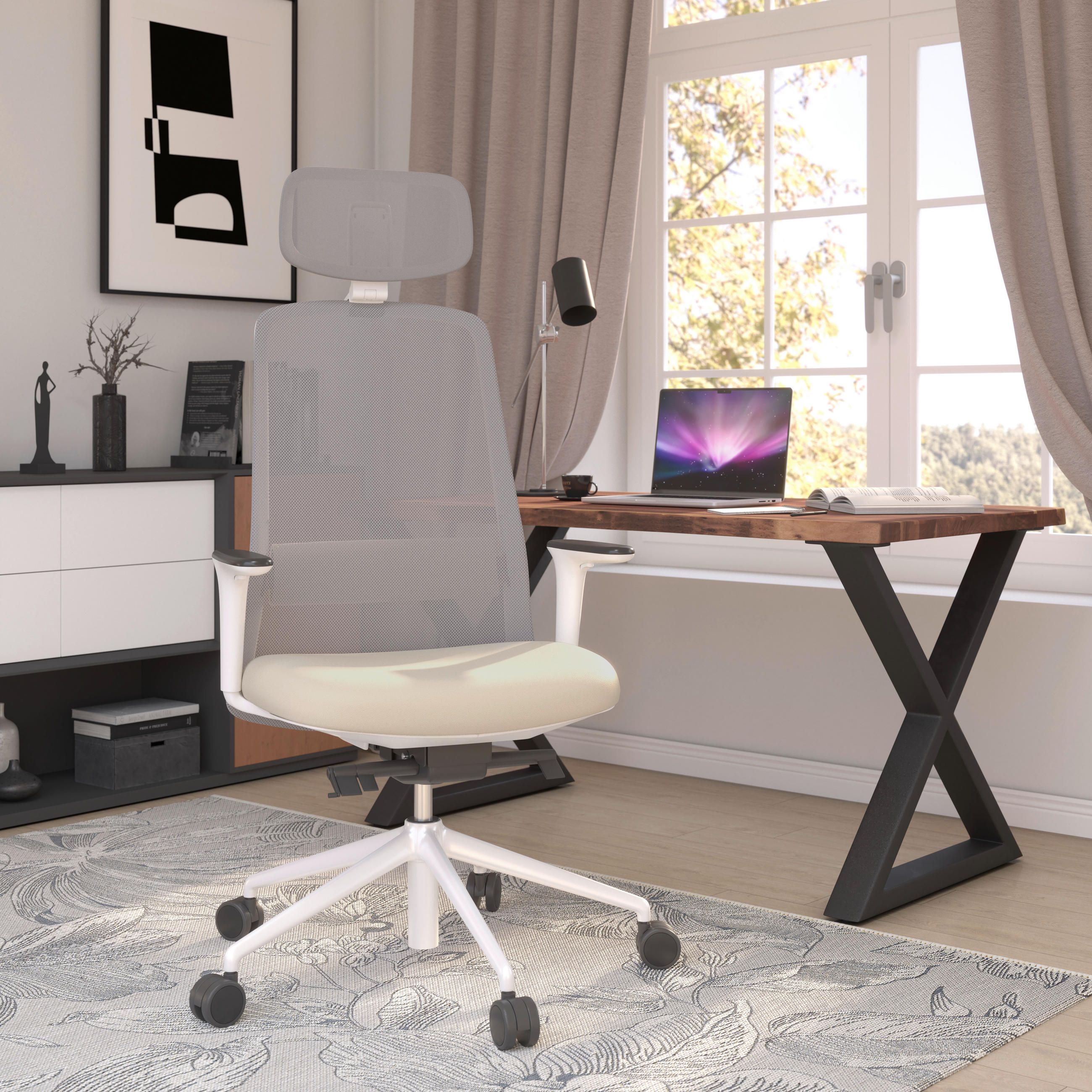 DREHSTUHL Grau, Weiß, Beige  - Beige/Weiß, MODERN, Leder/Kunststoff (70/103-115/70cm)