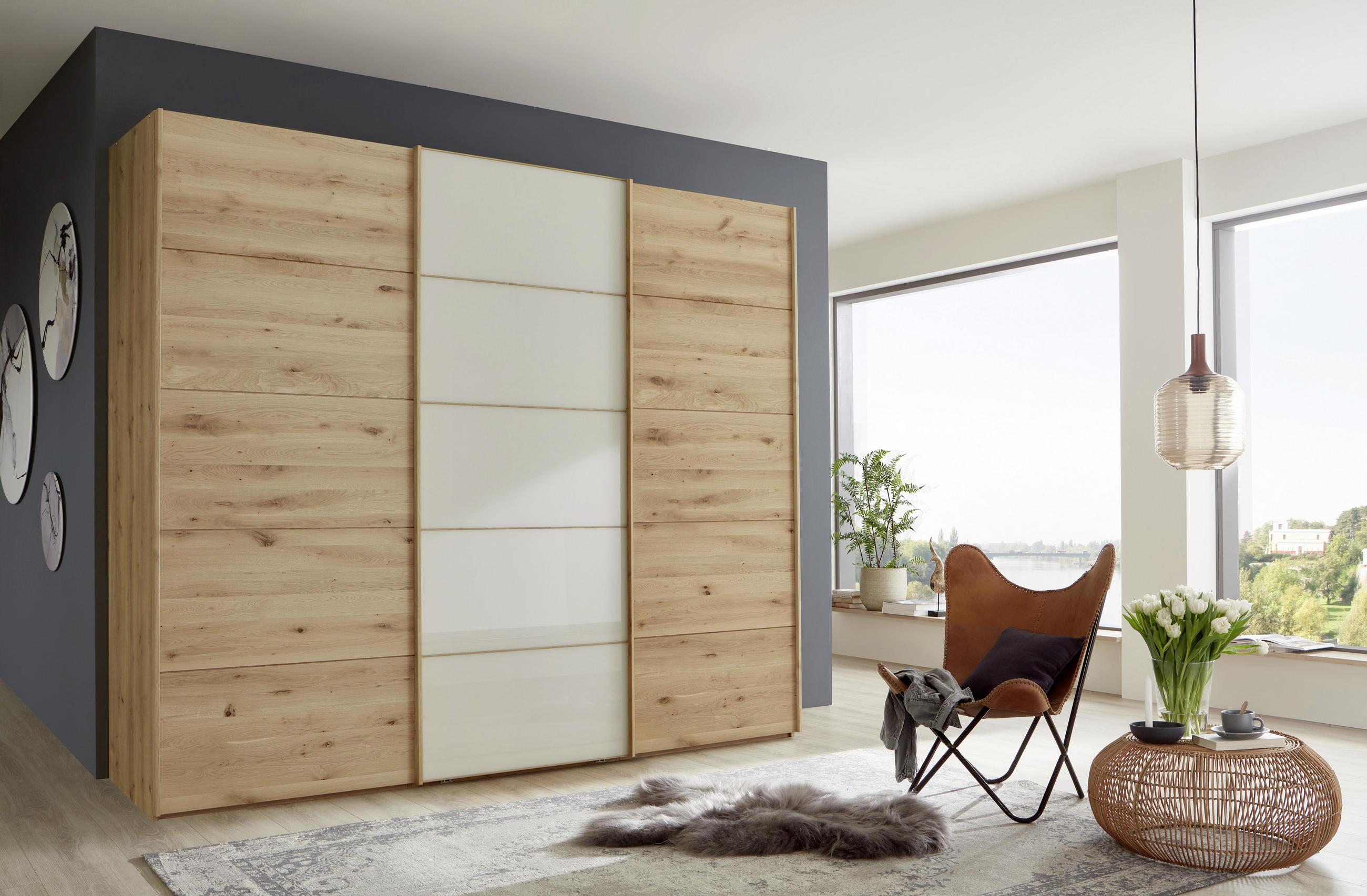 SCHWEBETÜRENSCHRANK 250/236/67 cm 3-türig  - Eiche Bianco/Champagner, Natur, Glas/Holz (250/236/67cm) - Linea Natura