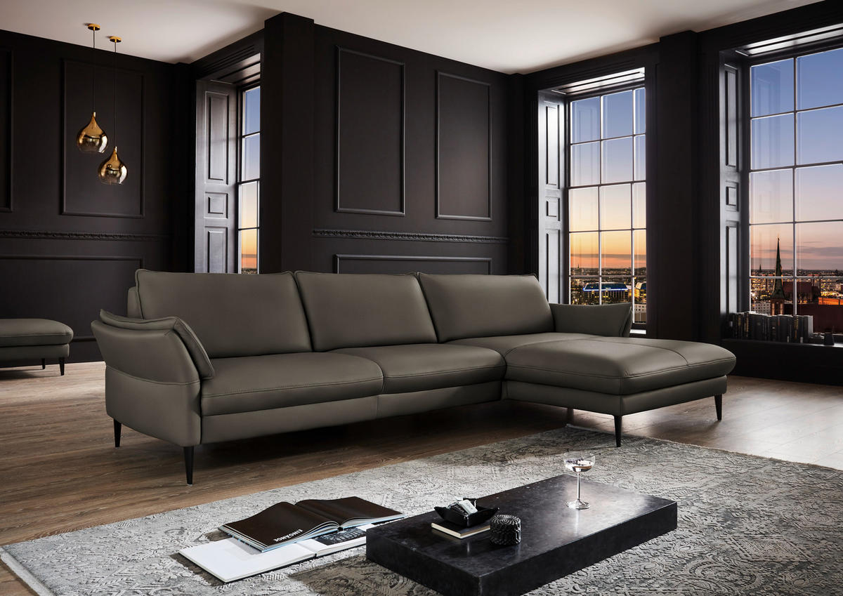 ECKSOFA in Echtleder Graubraun  - Graubraun/Schwarz, Design, Leder/Metall (334/172cm) - Hukla