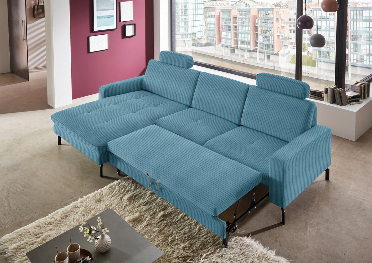 ECKSOFA in Cord Petrol  - Petrol/Schwarz, Design, Textil/Metall (178/302cm) - Beldomo Style
