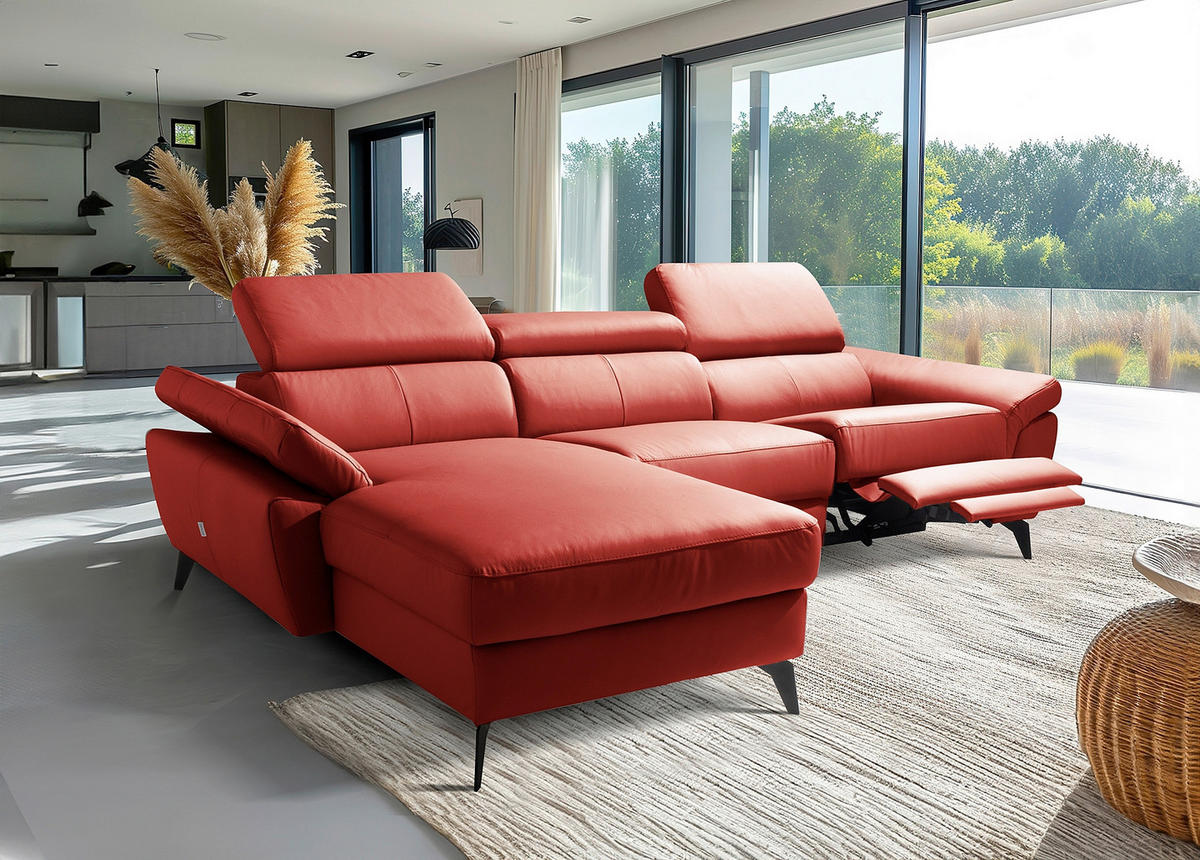ECKSOFA SONO Rot Echtleder Lederlook Armteilverstellung, Kopfteilverstellung  - Rot/Schwarz, Design, Leder/Textil (179/252cm) - Livetastic
