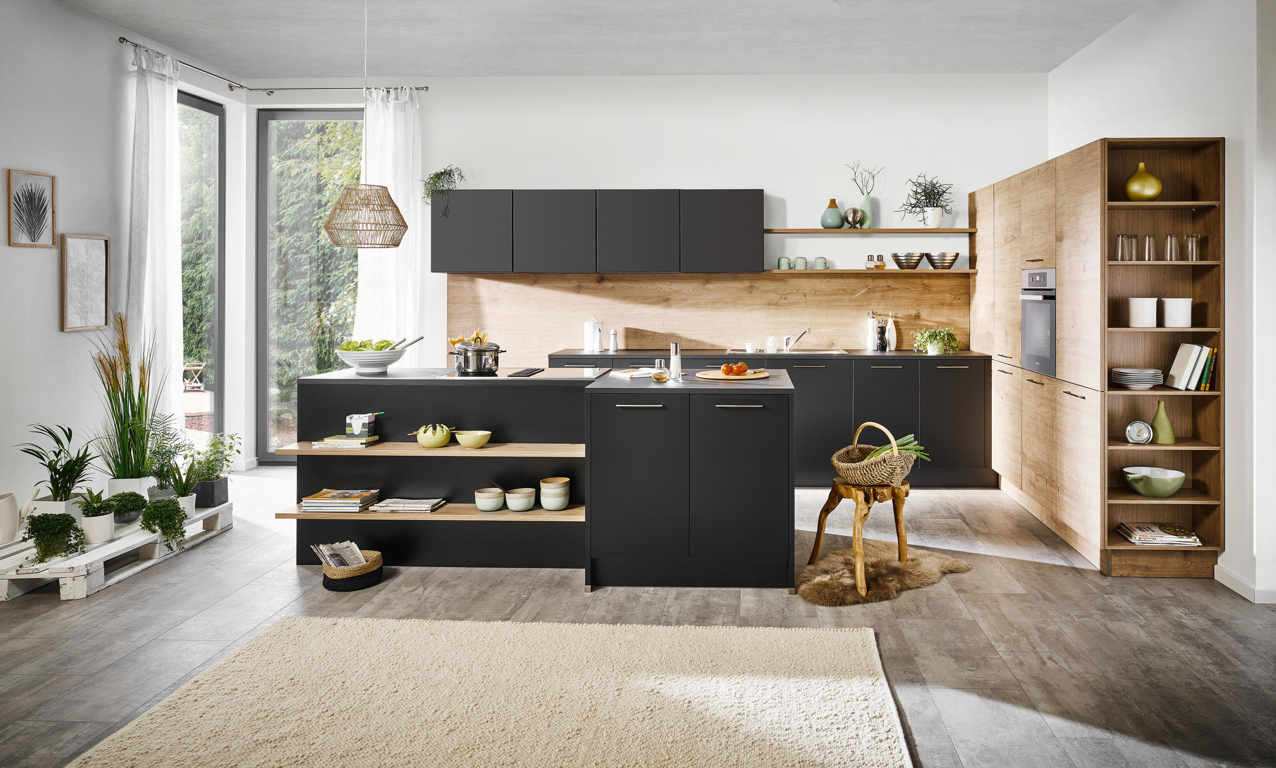 EINBAUKÜCHE   - Eichefarben/Schwarz, Design, Holzwerkstoff - Dieter Knoll