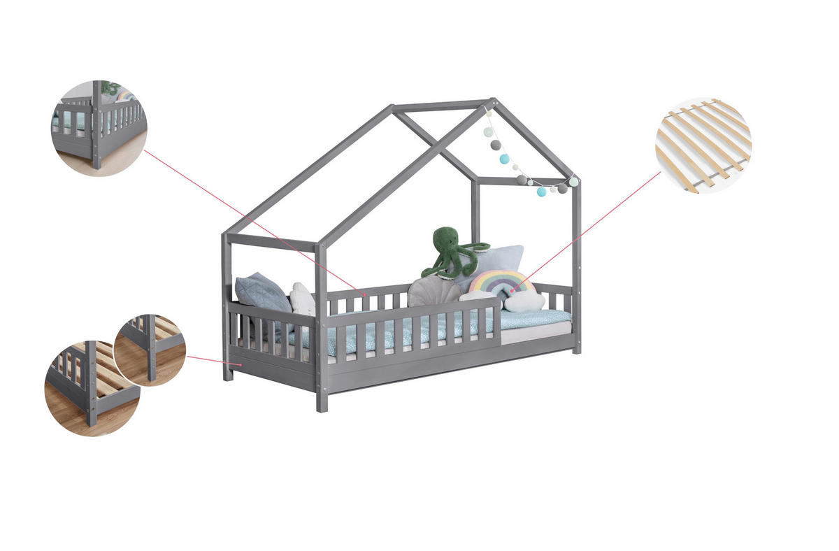 HAUSBETT 120/200 cm,  in Hellgrau, Absturzsicherung, Rollrost  - Hellgrau/Naturfarben, MODERN, Holz (120/200cm) - MID.YOU