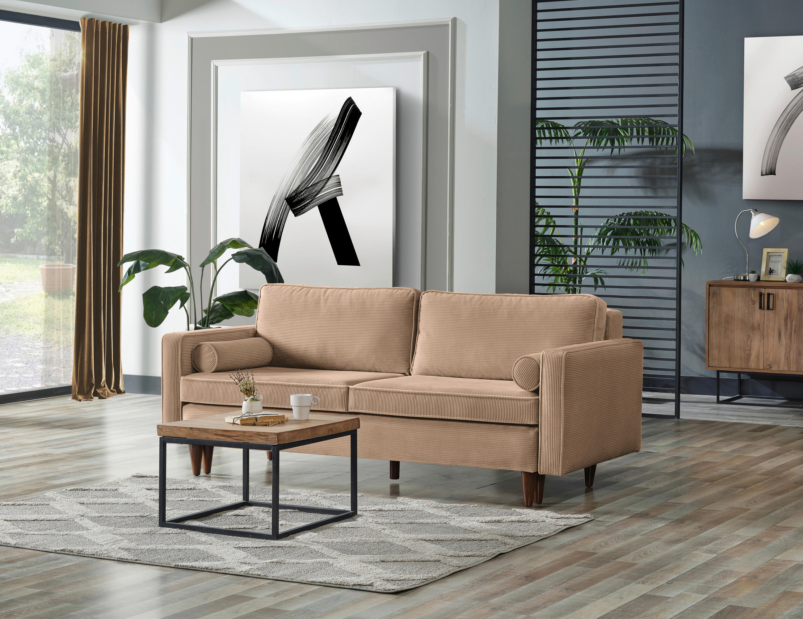 SCHLAFSOFA Cord Braun  - Hellbraun/Buchefarben, MODERN, Holz/Textil (208/78/96cm) - Livetastic