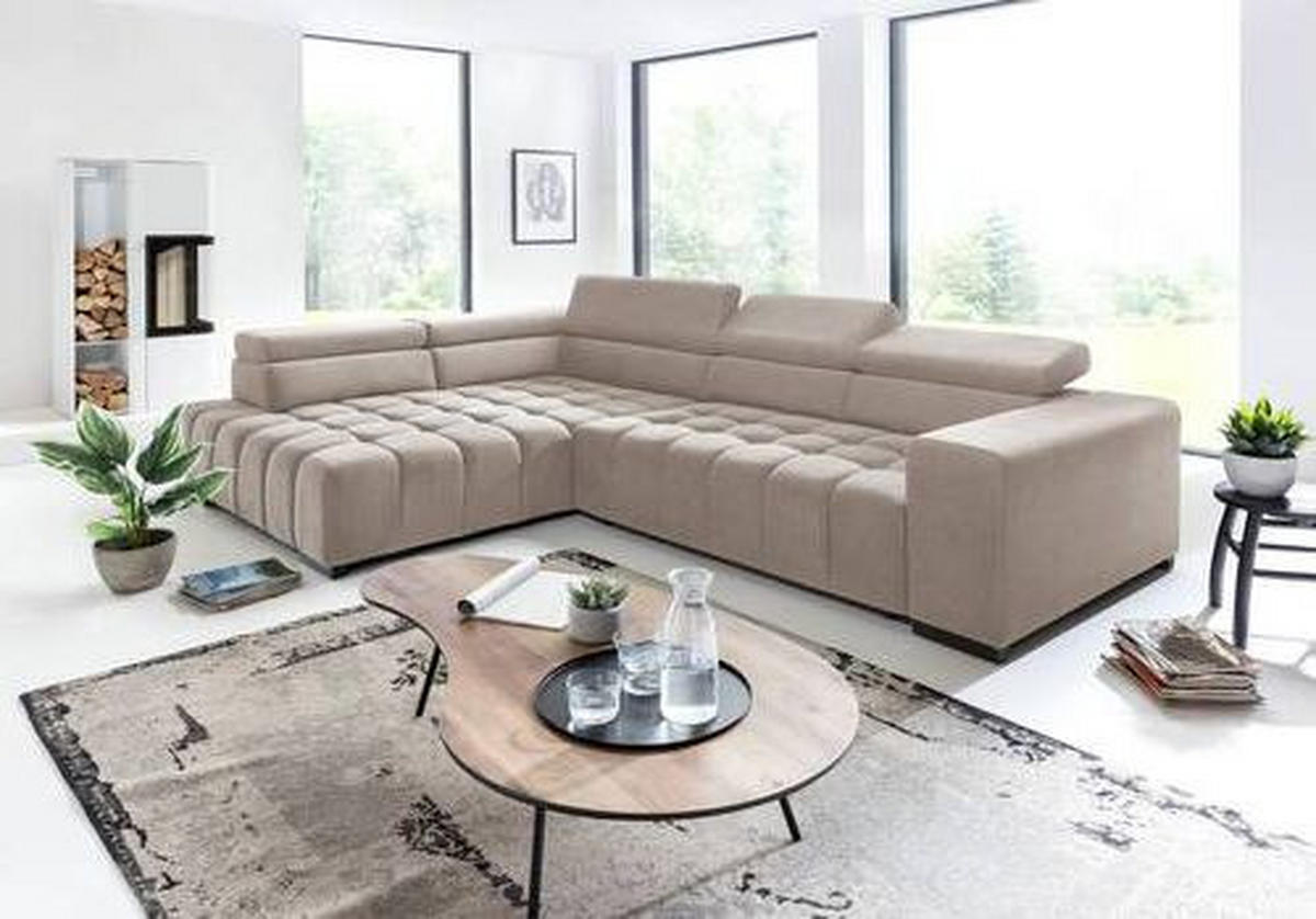 ECKSCHLAFSOFA in Velours Beige  - Beige/Schwarz, Design, Holz/Textil (201/307cm) - Livetastic