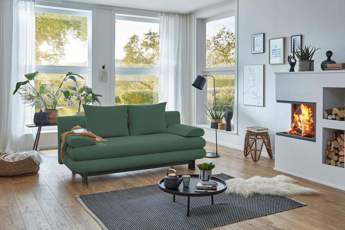 SCHLAFSOFA Cord Grün  inkl. Rückenkissen, Armlehnenkissen, Bettkasten, Schlaffunktion, Rücken echt, Liegefläche im Originalstoff  - Schwarz/Grün, KONVENTIONELL, Kunststoff/Textil (196/77/92cm) - Carryhome