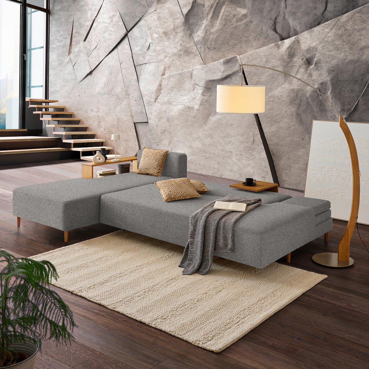 ECKSOFA in Flachgewebe Grau  - Eichefarben/Grau, Design, Holz/Textil (190/307cm) - Joka