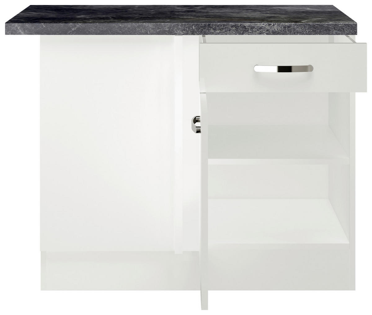 ECKUNTERSCHRANK 110/86/60 cm  in Weiß, Weiß Hochglanz  - Edelstahlfarben/Weiß Hochglanz, MODERN, Holzwerkstoff/Metall (110/86/60cm) - FlexWell