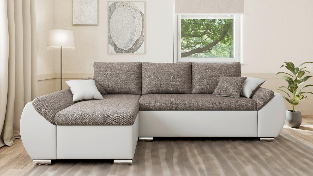 ECKSOFA  AURO Braun, Weiß  - Silberfarben/Braun, Design, Kunststoff/Textil (275/155cm) - MID.YOU
