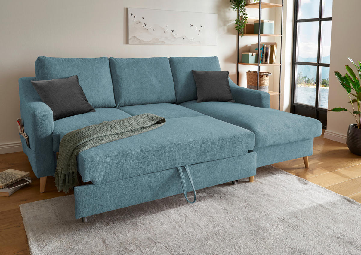 ECKSOFA Blau Mikrofaser  - Blau/Schwarz, Design, Holz/Textil (228/150cm) - MID.YOU