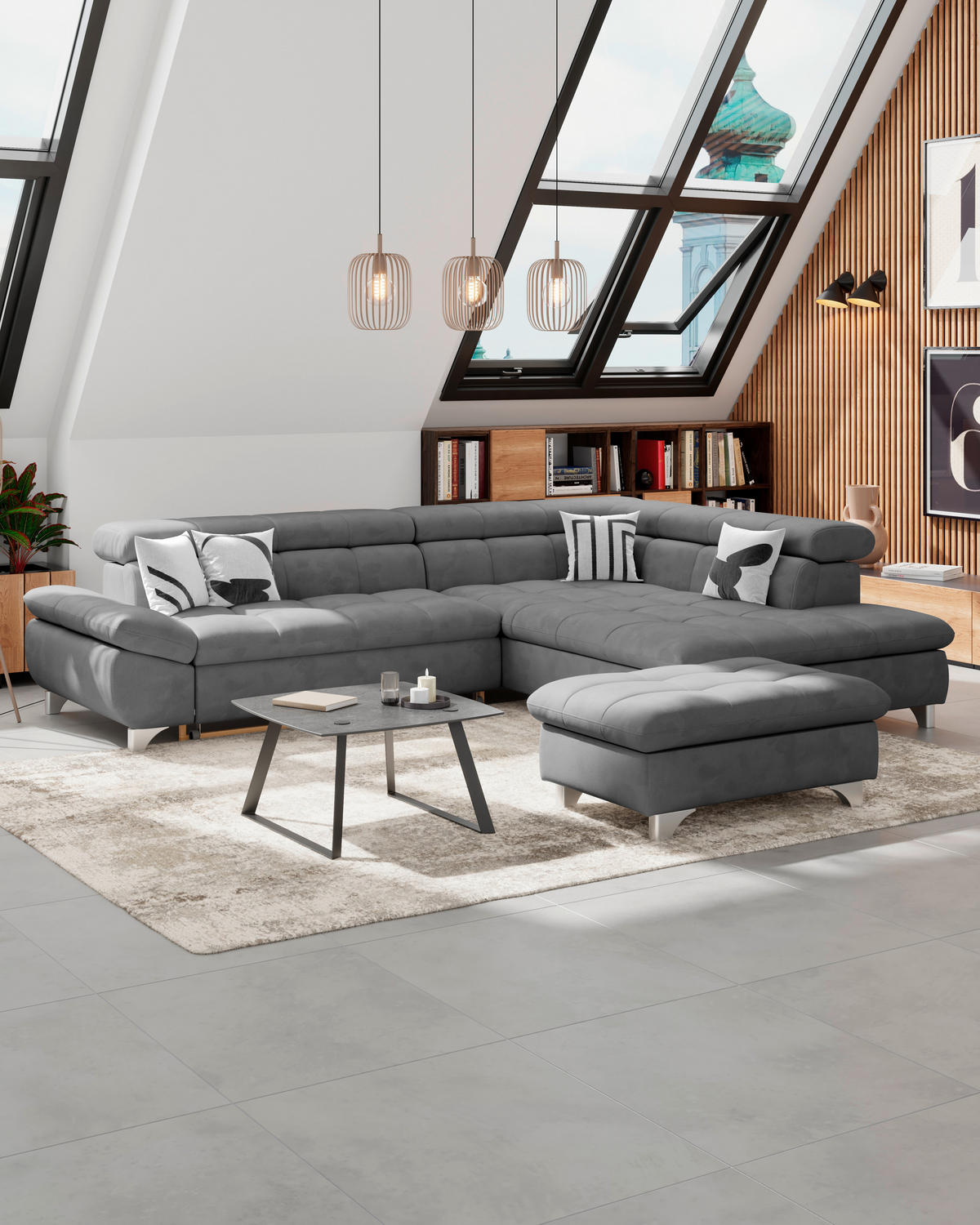 HOCKER Chenille Dunkelgrau  - Chromfarben/Dunkelgrau, KONVENTIONELL, Textil/Metall (108/46/108cm) - Livetastic