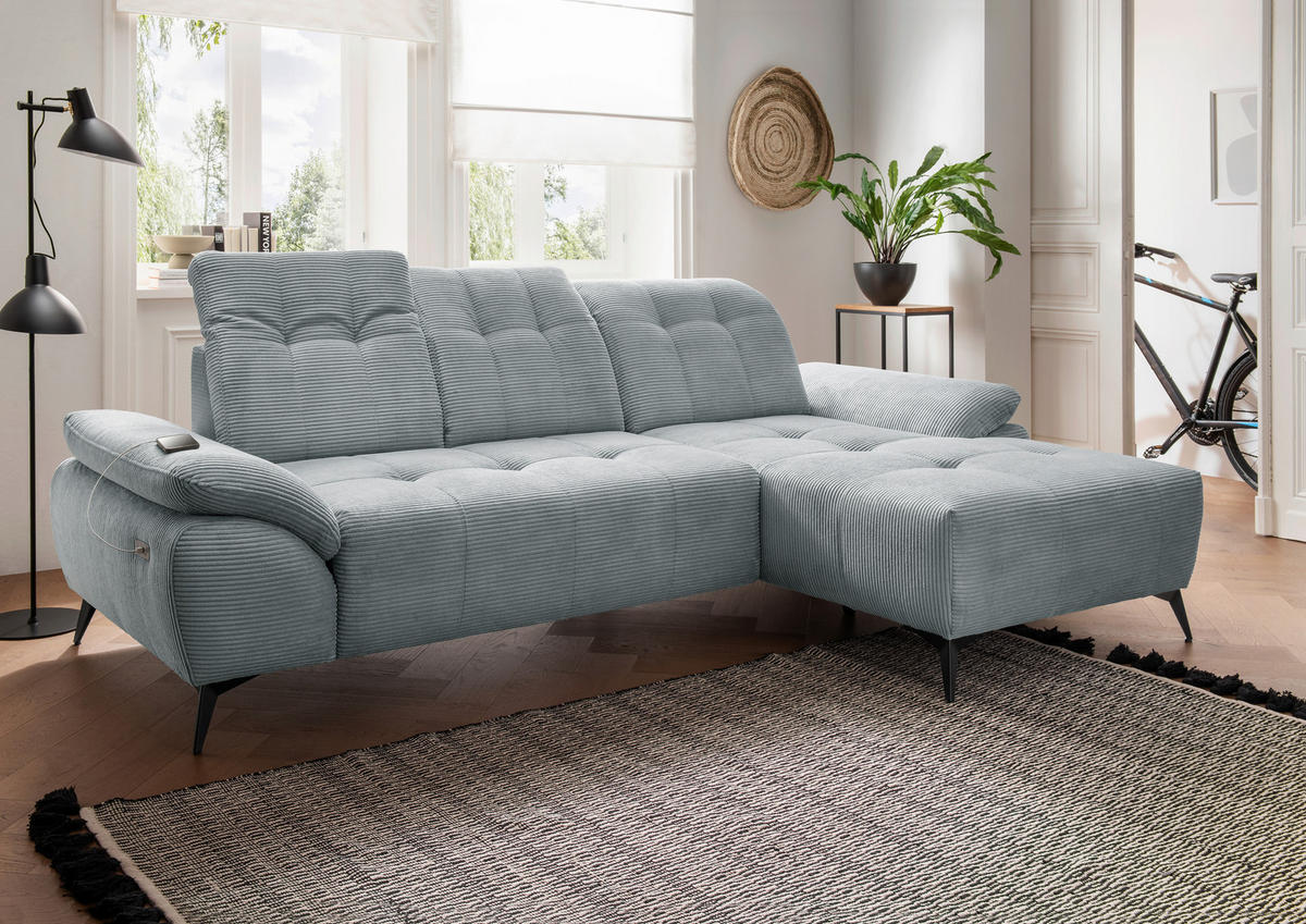 ECKSOFA FIORE in Cord Hellblau Kopfteilverstellung, Sitzvorzug  280/180 cm  - Schwarz/Hellblau, MODERN, Textil/Metall (280/180cm) - Livetastic