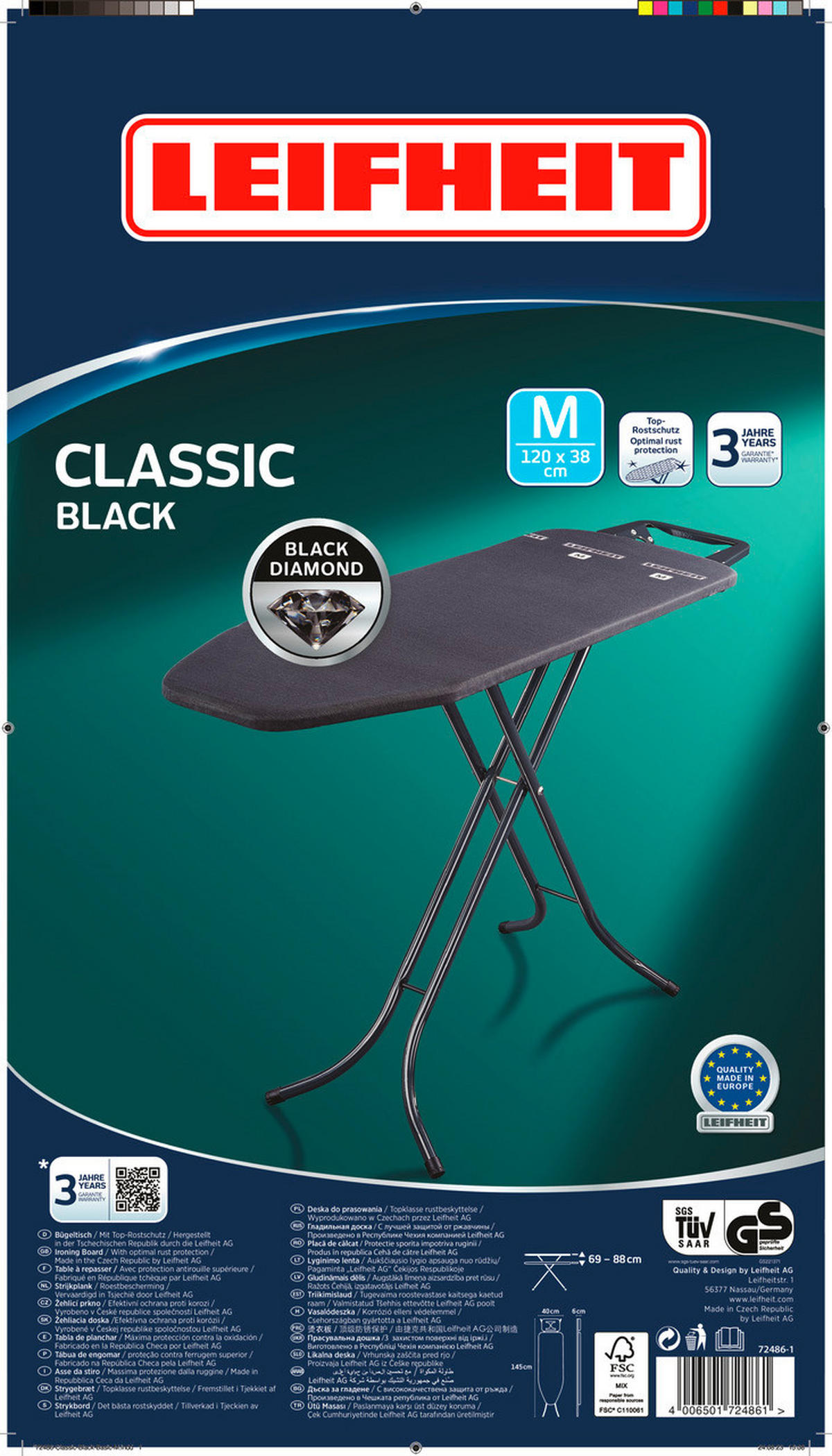 BÜGELBRETT  CLASSIC M BLACK  - Schwarz, Basics, Textil (120/38/88cm) - Leifheit