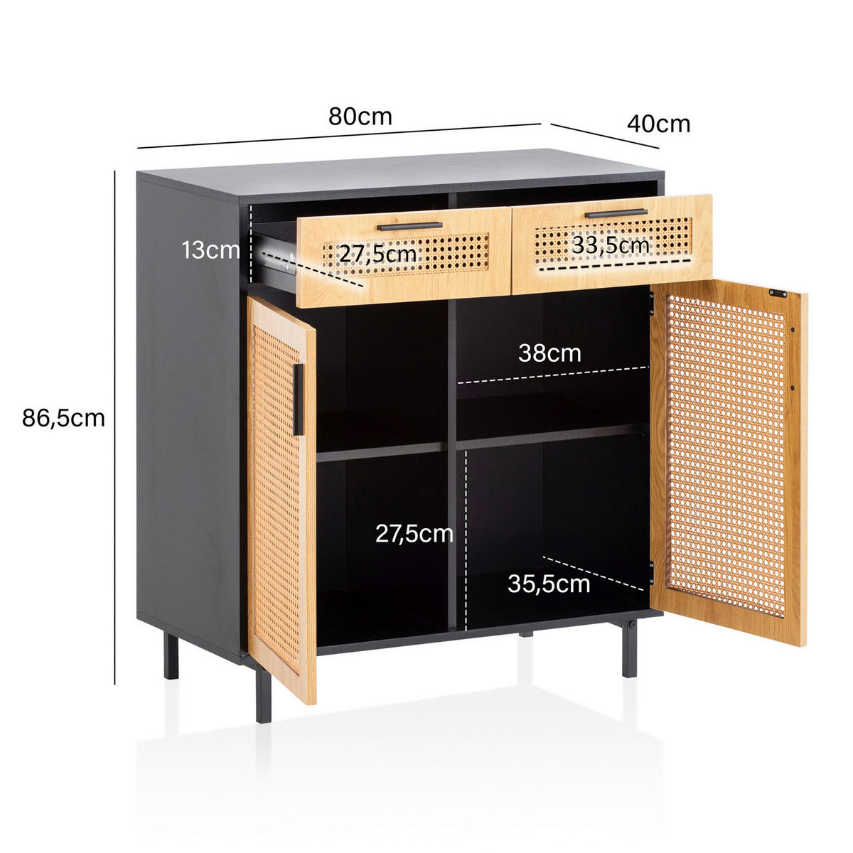 ŠIROKÁ KOMODA, černá, 80/86,5/40 cm - černá/hnědá, Konvenční, kov/kompozitní dřevo (80/86,5/40cm) - Livetastic