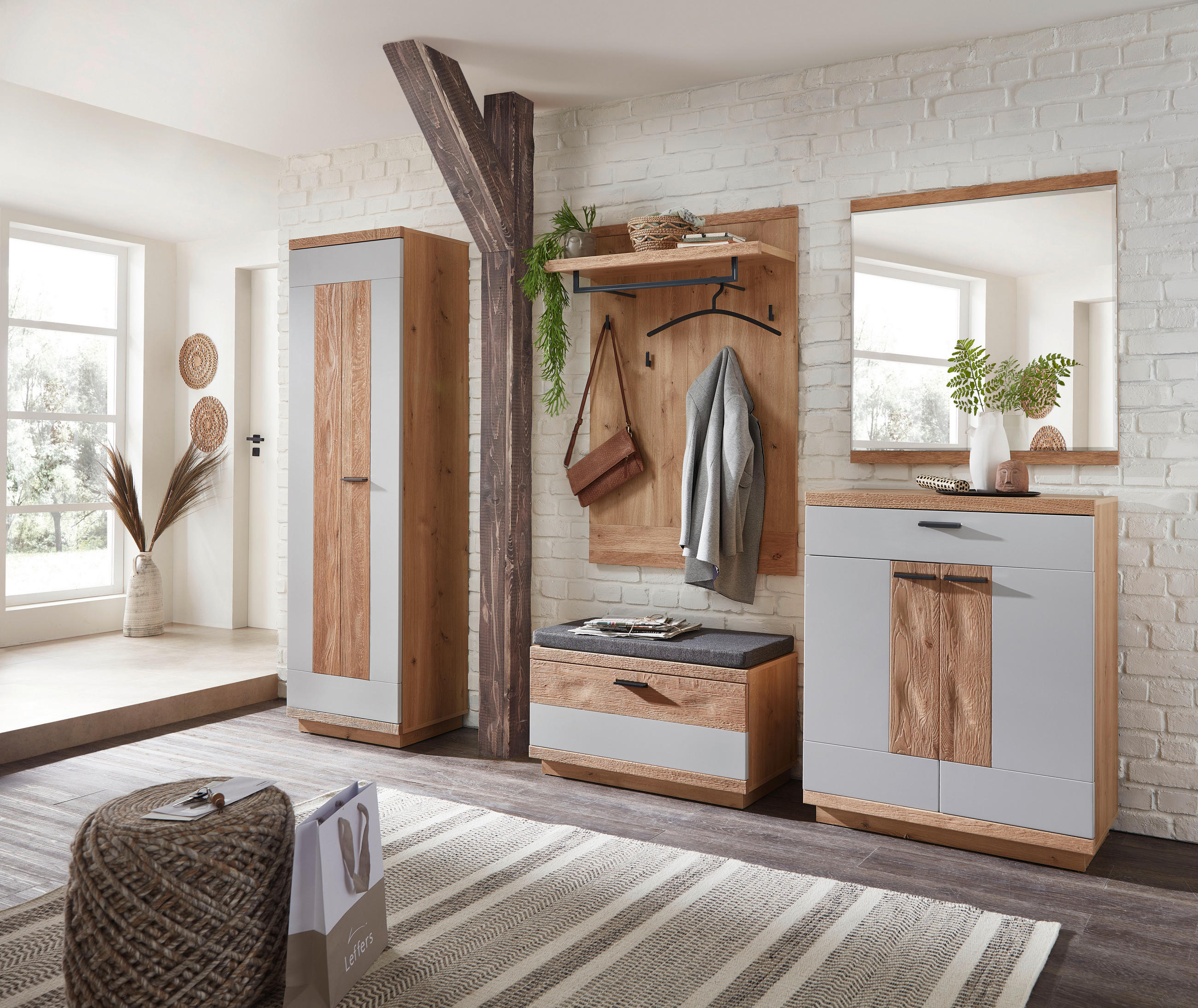 GARDEROBE 5-teilig  in 260/197/38 cm  - Wildeiche/Hellgrau, Design, Glas/Holz (260/197/38cm) - Novel