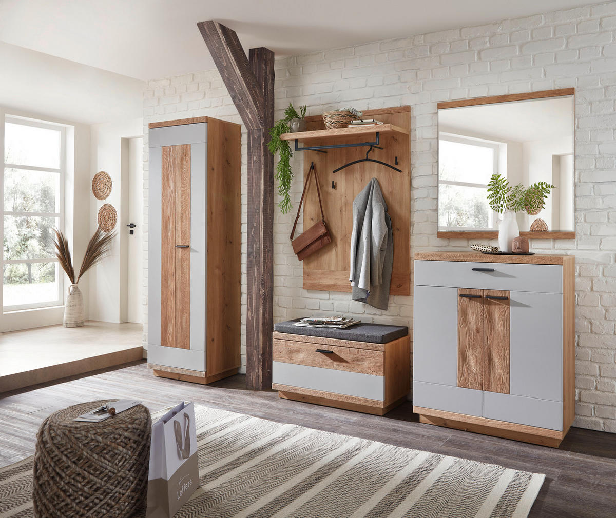 GARDEROBE 5-teilig  in 260/197/38 cm  - Wildeiche/Hellgrau, Design, Glas/Holz (260/197/38cm) - Novel