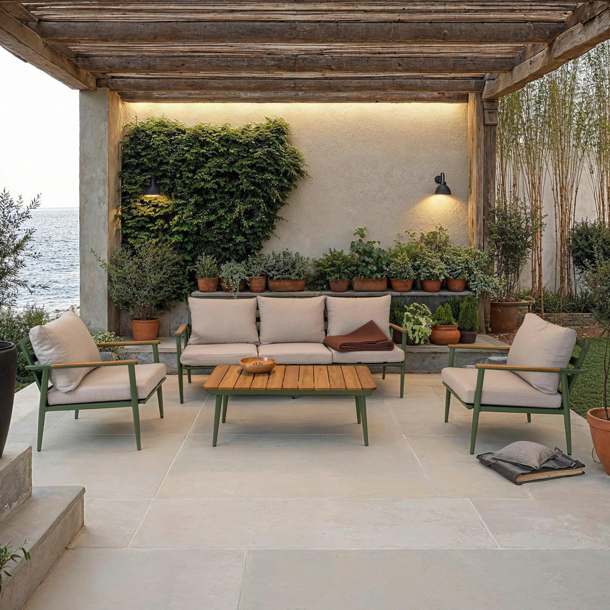 LOUNGEGARNITUR 3-teilig    - Smaragdgrün/Hellgrau, Modern, Holz/Textil (320/190/80cm) - Ambia Garden