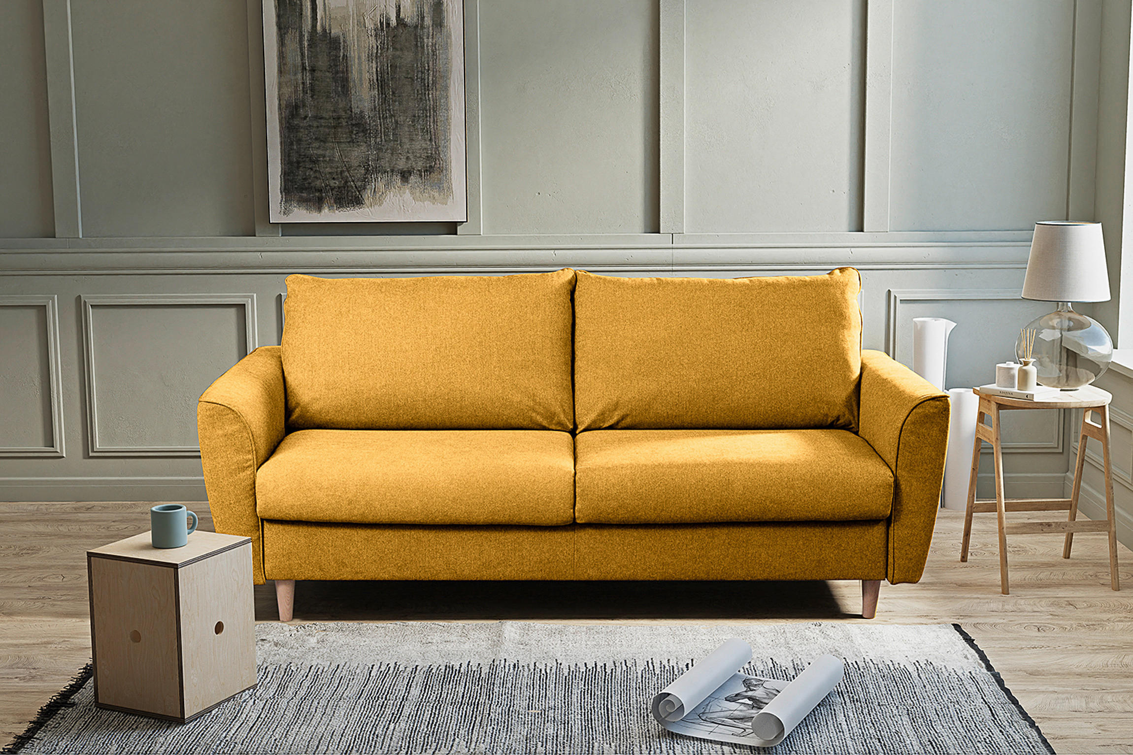 SCHLAFSOFA Flachgewebe Senfgelb  - Buchefarben/Senfgelb, Design, Holz/Textil (195/90/102cm) - Livetastic