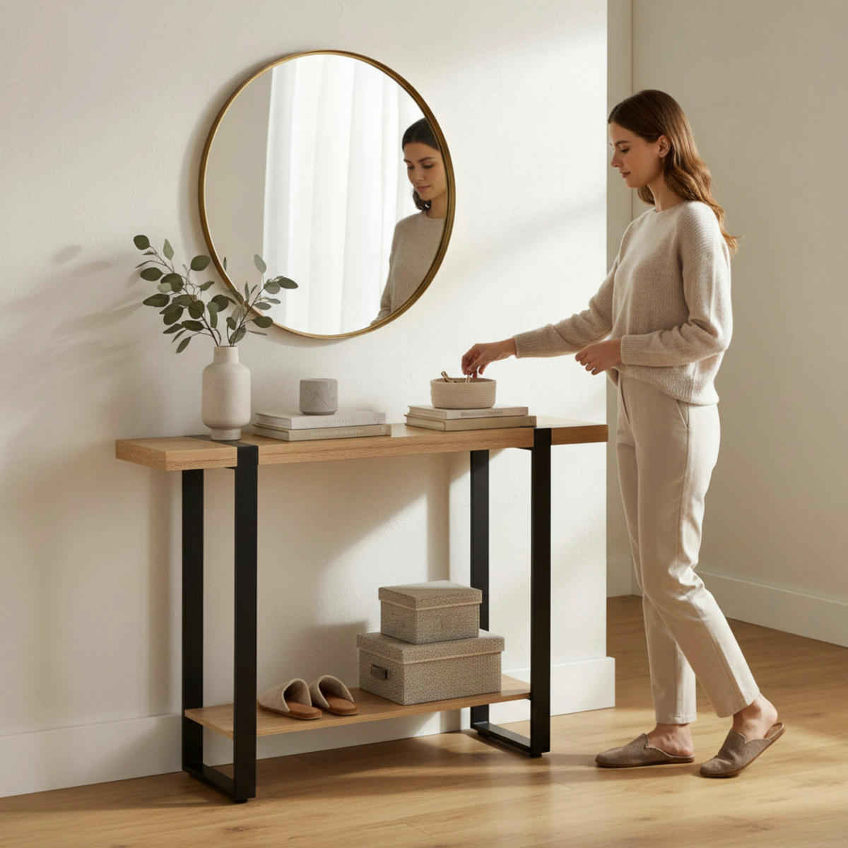 KONSOLENTISCH Schwarz, Eichefarben  - Eichefarben/Schwarz, Design, Holzwerkstoff/Metall (120/30/82cm)